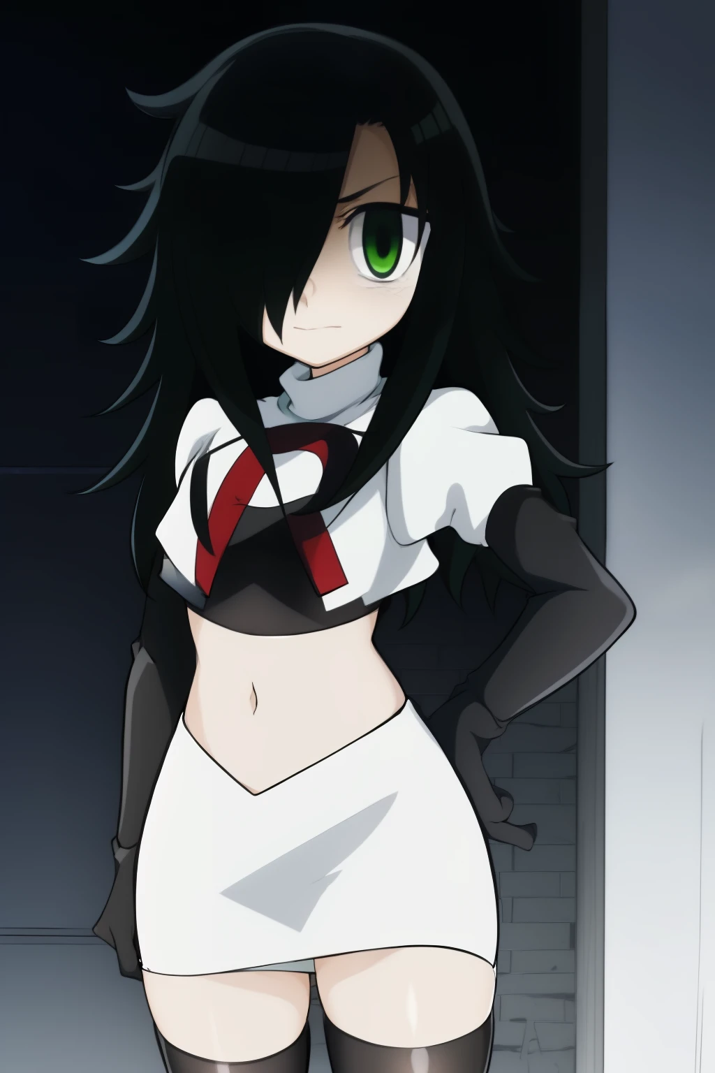 (masterpiece, detailed), kuroki-tomoko, green eyes, hair over one eye, bags under eyes, team rocket,team rocket uniform,white skirt,red letter R,crop top,black thigh-highs,black elbow gloves