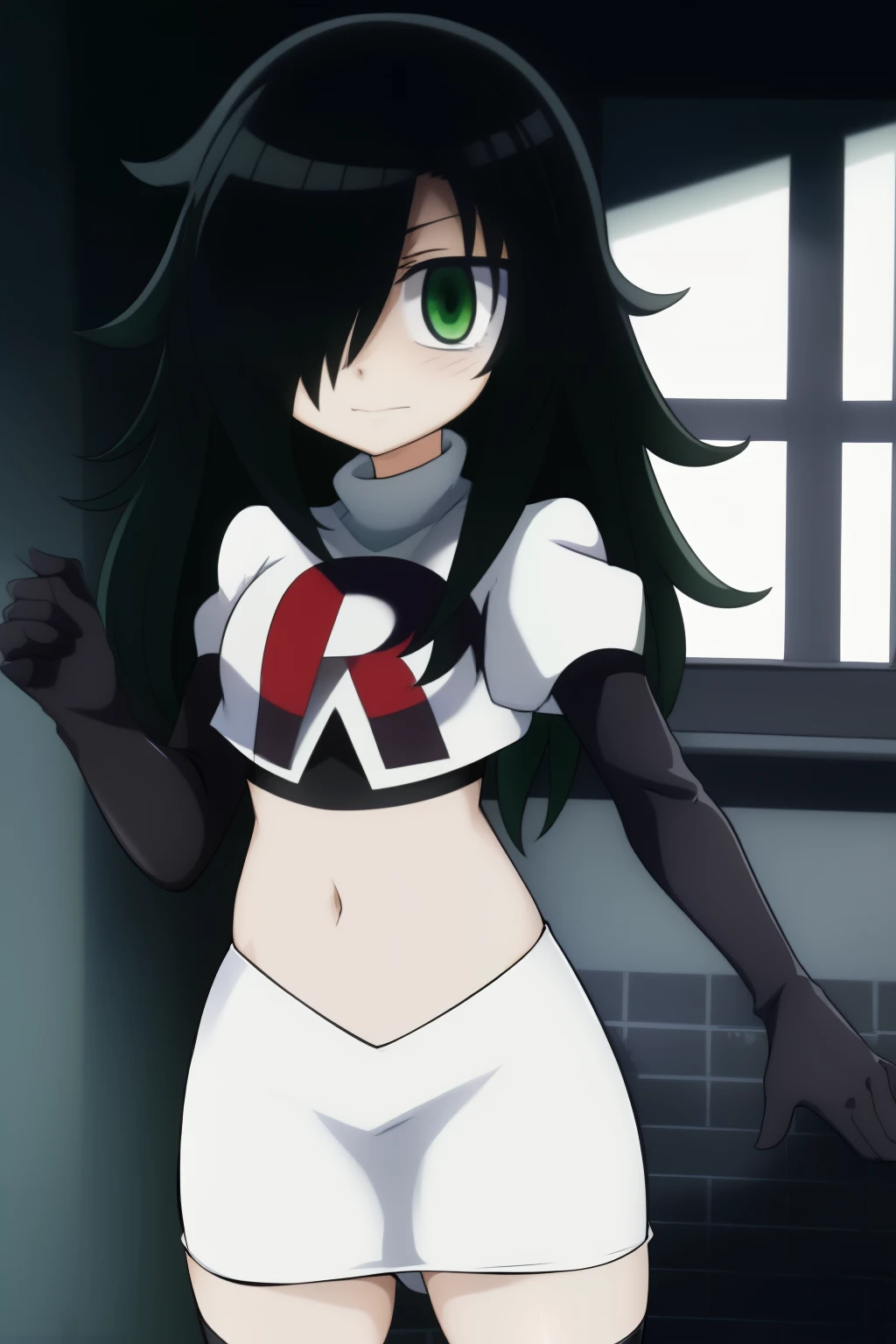 (masterpiece, detailed), kuroki-tomoko, green eyes, hair over one eye, bags under eyes,  team rocket,team rocket uniform,white skirt,red letter R,crop top,black thigh-highs,black elbow gloves