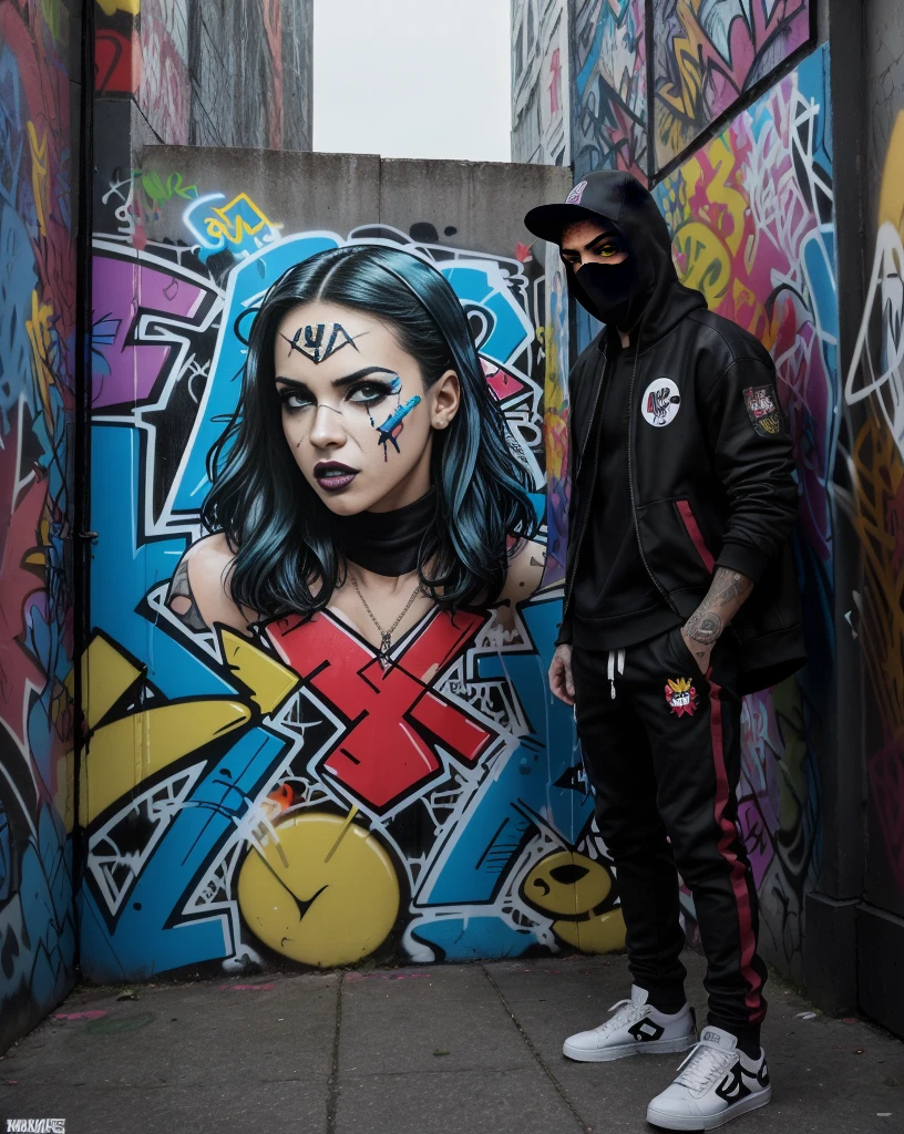 (best quality,4k,8k,highres,masterpiece:1.2),ultra-detailed,(realistic,photorealistic,photo-realistic:1.37),graffiti-style comic strip,exaggerated characters and bold colors,high contrast,urban setting,detailed street art,expressive illustrations,dynamic action scenes,comic book aesthetic,vibrant and energetic,motion lines and sound effects,pop art inspired,vivid and saturated colors,cityscape backdrop,tagged walls and buildings,graffiti artist creating art,comic book speech bubbles,sketchy lines and texture,hidden messages and symbolism,character poses and expressions showing emotions,overlapping layers of graffiti,captions and dialogues,imagination running wild,street culture and hip-hop influence,exploration of urban life,gritty and raw,playful and rebellious,streetwear fashion,blend of realism and cartoon elements,graffiti tags and tags of famous superheroes,larger-than-life characters and personalities,mysterious masked figures,graffiti letters and typography,comic panels with sequential storytelling,interactive and immersive narrative,unconventional storytelling techniques,subversive and thought-provoking themes.