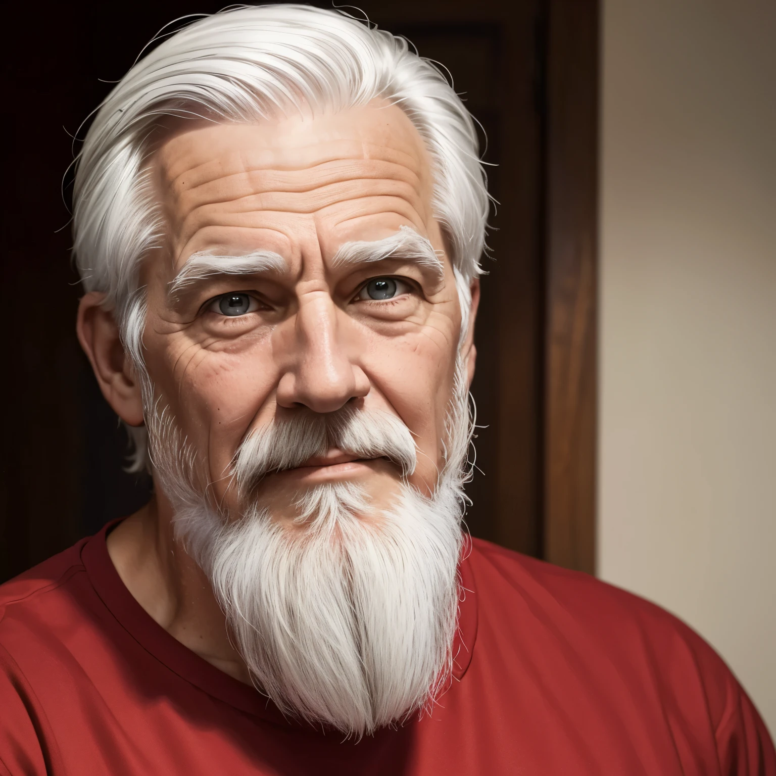 Caucasian old man.  Beardless wearing red shirt Happy expression on face and looking directly at camera.  With little white hair. Style disney.