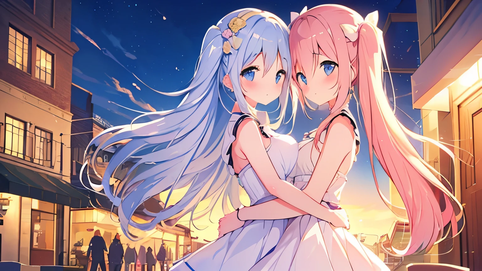 highest quality,Day,Day没,upon a hill,Streets of Europe,date scene、two people love each other、golden hour lighting,強力なリムlight,,landscape,light,landscape/scenery,genuine,original,pretty girl,twin tails,pink hair,blue eyes,cute face,wearing white lolita clothes,light smile,blush,gradient eyes,sparkling eyes,big breasts,hand_upon_buttocks,