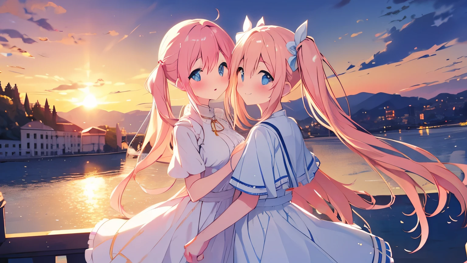 highest quality,Day,Day没,upon a hill,Streets of Europe,date scene、two people love each other、golden hour lighting,強力なリムlight,,landscape,light,landscape/scenery,genuine,original,pretty girl,twin tails,pink hair,blue eyes,cute face,wearing white lolita clothes,light smile,blush,gradient eyes,sparkling eyes,big breasts,hand_upon_buttocks,