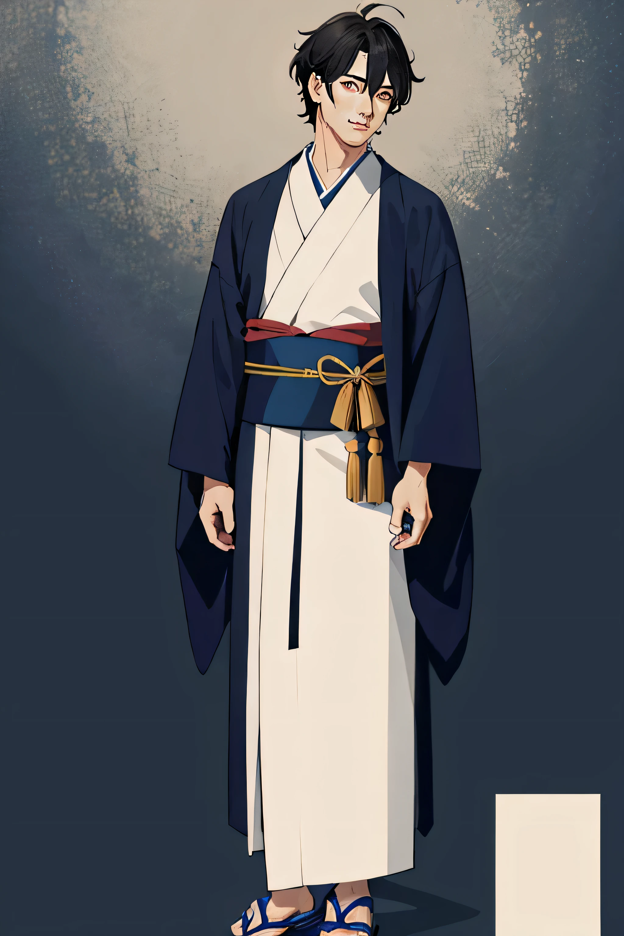 ((highest quality)), ((masterpiece)), (get used to it), whole body, Are standing, めちゃくちゃget used to it, ultra high resolution, Super detailed, highest quality, one man, adult male, Men's kimono, feet, black hair, perfectly symmetrical face, highly detailed eyes, perfect hands, perfect body balance,