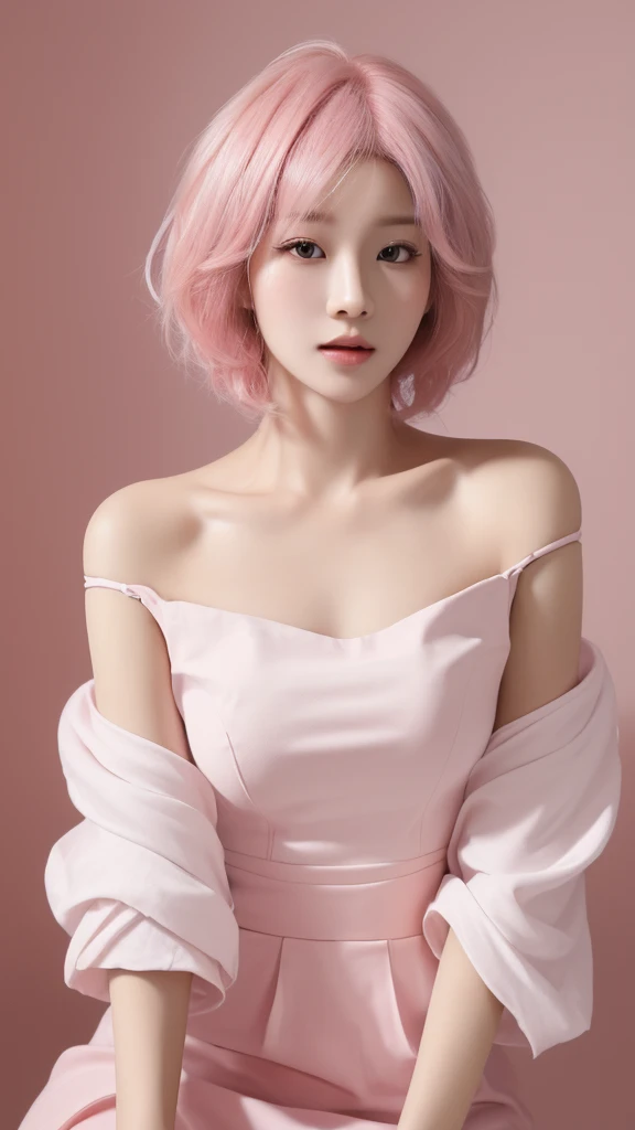(best quality, 8k, 32k, masterpiece,Realistic，portrait， ultra high definition:1.2),Asian pretty girl，cute，Short pink hair，Hair ends slightly faded，Hair ends are slightly curled，big ，internet celebrity face，sexy clothes，Off the shoulders