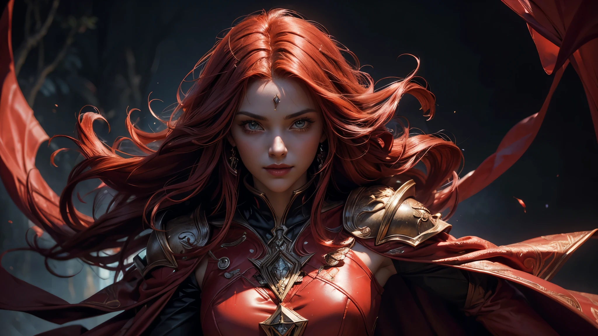 (1 beautiful woman, alone, fantasy artwork, long red hair, red costume with cape, black magic, red powers in hand, black pants, floating, powerfull, majestic view, light smile, looking at the viewer, red glow in the eyes, (Surrealism, depth of field, cinematic lighting, ray tracing, close-up, dramatic pose, digital art, dramatic photo, symmetrical eyes, complex background), (masterpiece, textured skin, super detail, award winning, best quality, 16k, HDR),