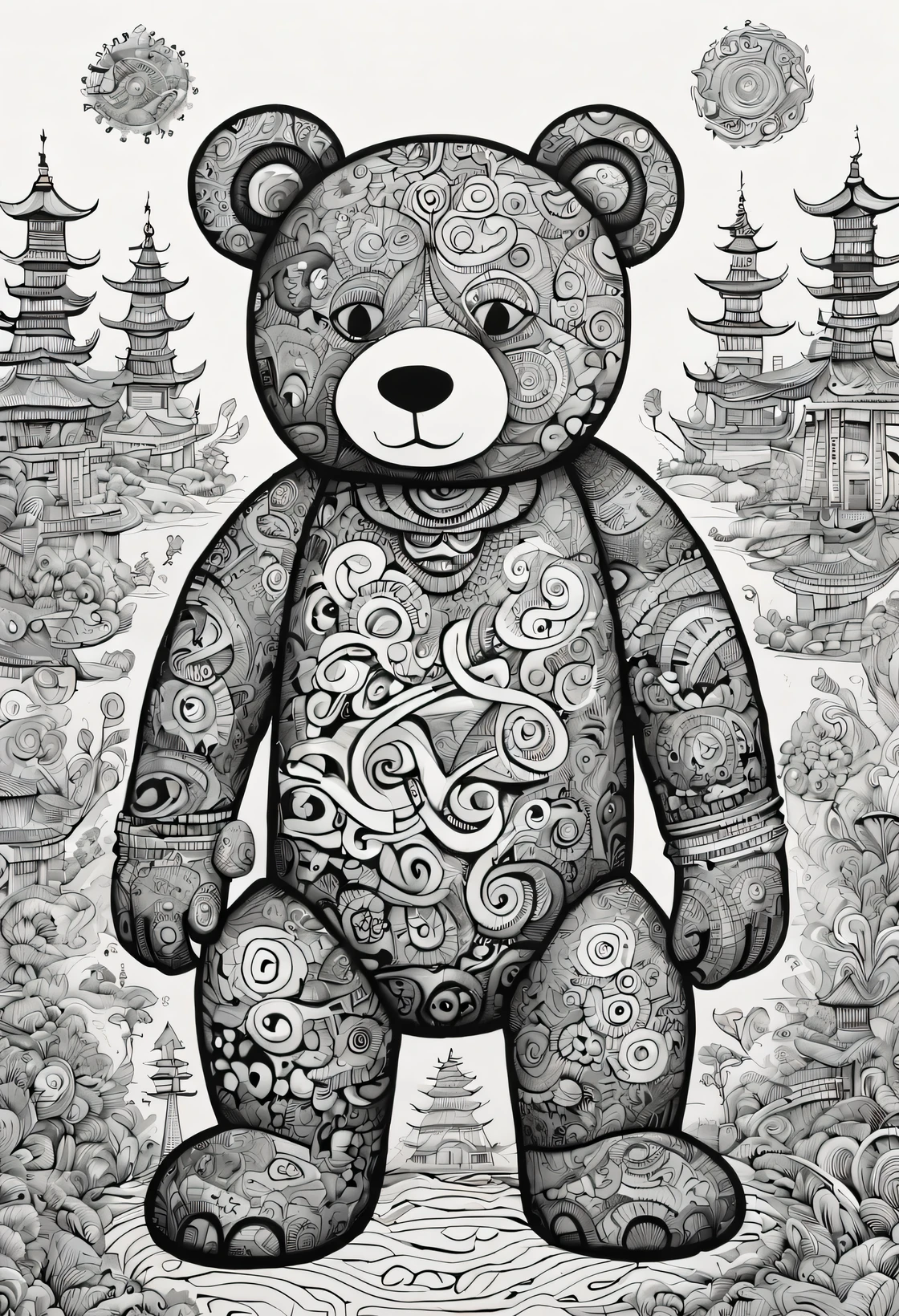 (Doodle comic style:1.5),Black and white drawing of a large teddy bear from Chinese paper shamanism, Intricate psychedelic landscape style, robot pattern, Ray Eames, Children&#39;s book illustrations, my artwork, Consists of all of the above, embroidery
