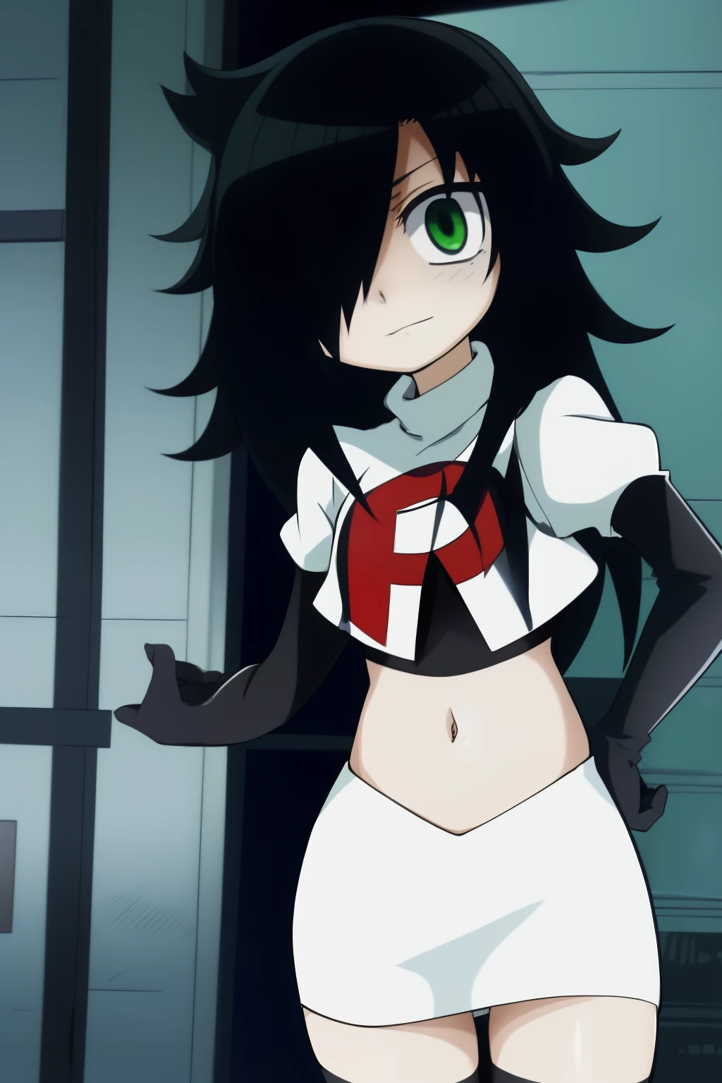 (masterpiece, detailed), kuroki-tomoko, green eyes, hair over one eye, bags under eyes,  team rocket,team rocket uniform,white skirt,red letter R,crop top,black thigh-highs,black elbow gloves