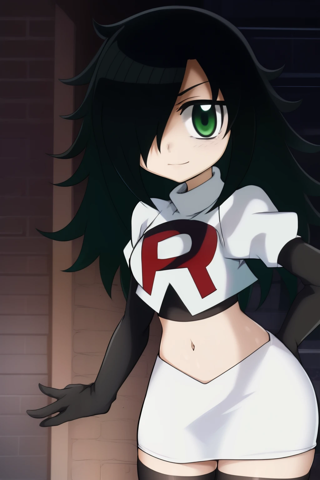 (masterpiece, detailed), kuroki-tomoko, green eyes, hair over one eye, bags under eyes, team rocket,team rocket uniform,white skirt,red letter R,crop top,black thigh-highs,black elbow gloves