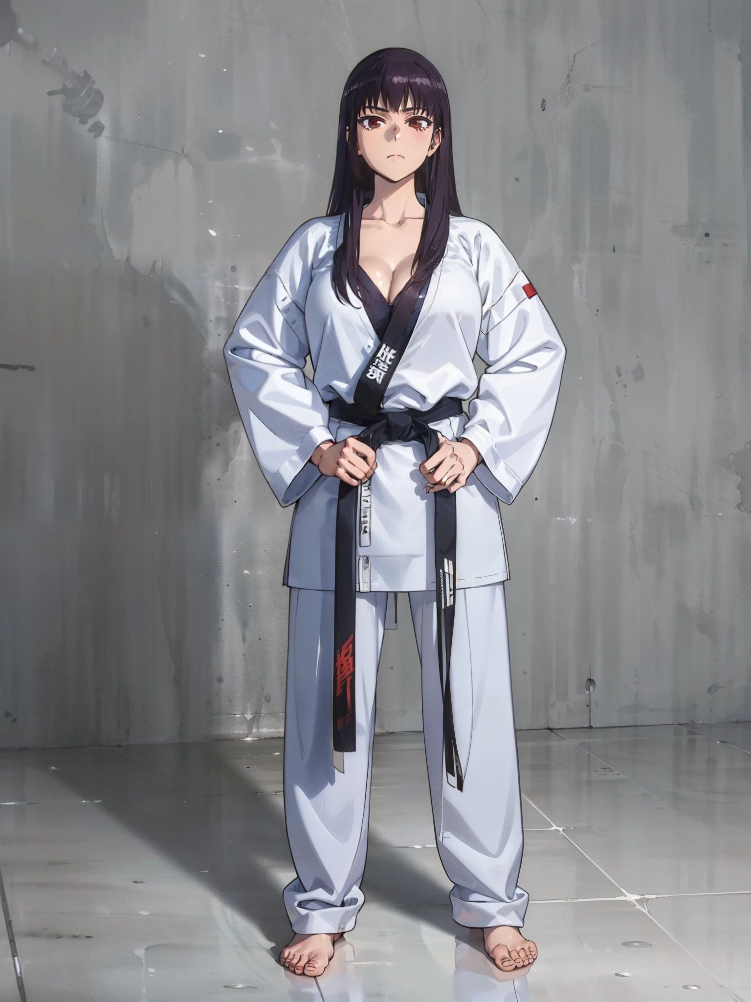 1girl, a pretty girl in a karate practice room, with a karate uniform, judo, sana sunomiya, long hair, masterpiece, big tits, cleavage, full body, barefoot, Long hair, red eyes, Combat Pose, from Above, martial art, stunning body