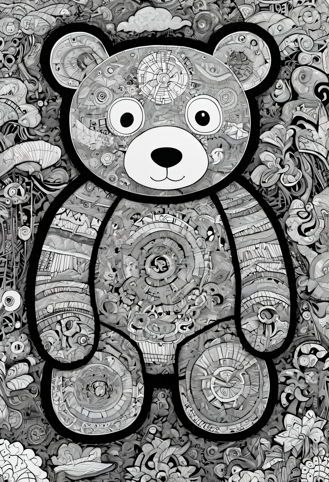 (Doodle comic style:1.5),Black and white drawing of a large teddy bear from Chinese paper shamanism, Intricate psychedelic landscape style, robot pattern, Ray Eames, Children&#39;s book illustrations, my artwork, Consists of all of the above, embroidery
