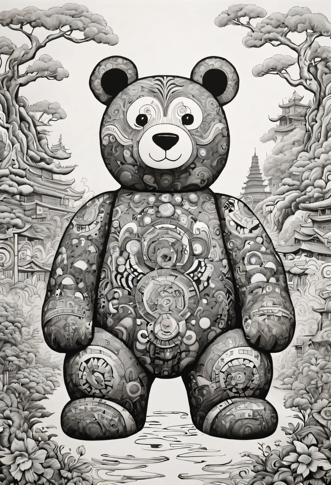 (Doodle comic style:1.5),Black and white drawing of a large teddy bear from Chinese paper shamanism, Intricate psychedelic landscape style, robot pattern, Ray Eames, Children's book illustrations, my artwork, Consists of all of the above, embroidery