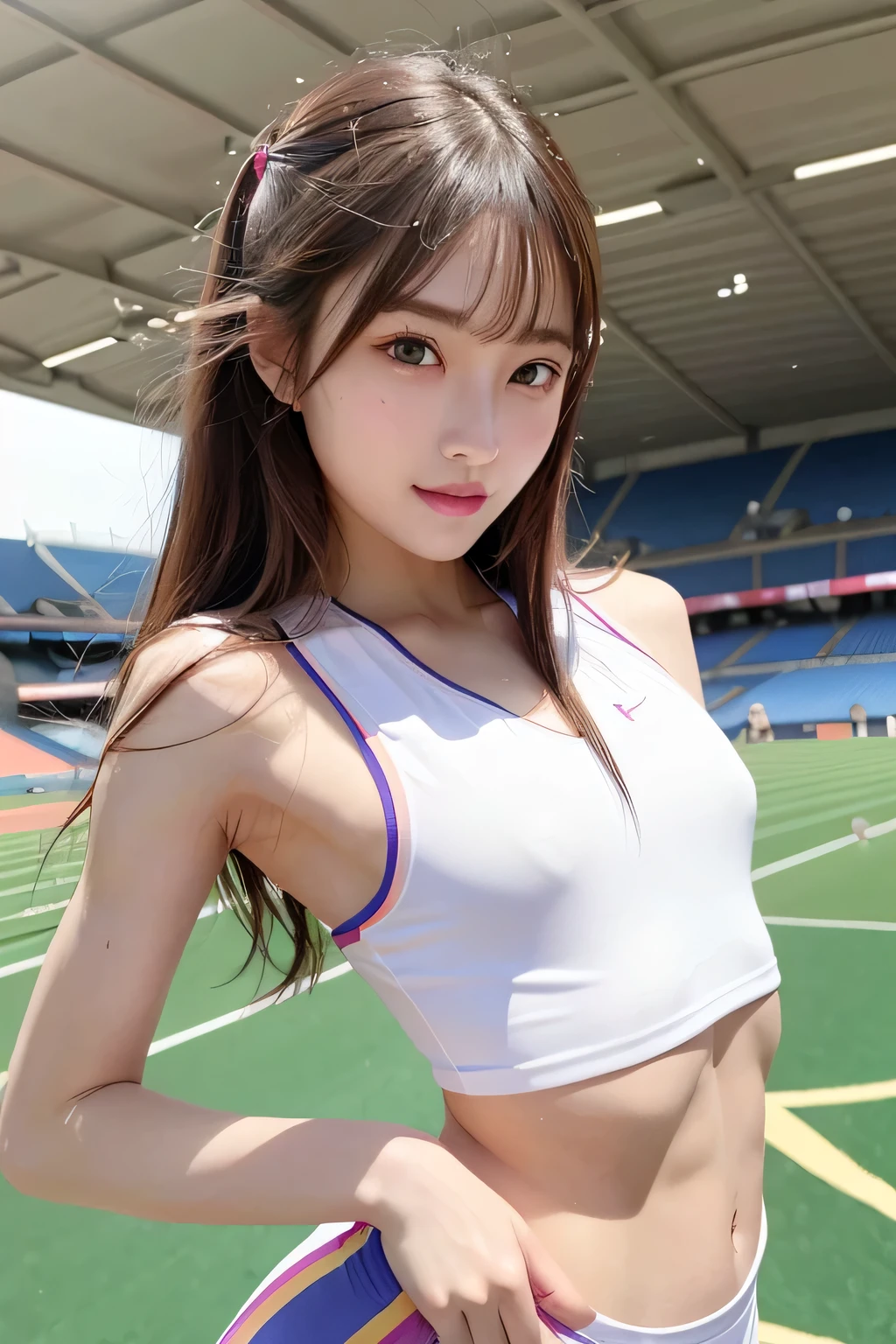 pieces fly、masterpiece、highest quality、Super detailed、High resolution、High resolution、8K portrait、Unity 8k壁紙のHigh resolutionCG、unity 8k wallpaper、cute:1.5、:1.5、Highly detailed CG unity 8k wallpaper、realistic、real person、cute、 portrait photography、shiny skin、High resolution、(20-year-old:1.2)、(1 girl)、beautiful clear eyes、very detailed explanation、delicate face、nice lips、slender body、thin waist、long and thin legs、(athletics stadium:1.3)、(small breasts:1.4)、(Colorful sleeveless track and field uniform:1.4)、(The nipples are transparent:1.3)、(smile:1.2)、(abs:1.4)、(take a pose:1.3)