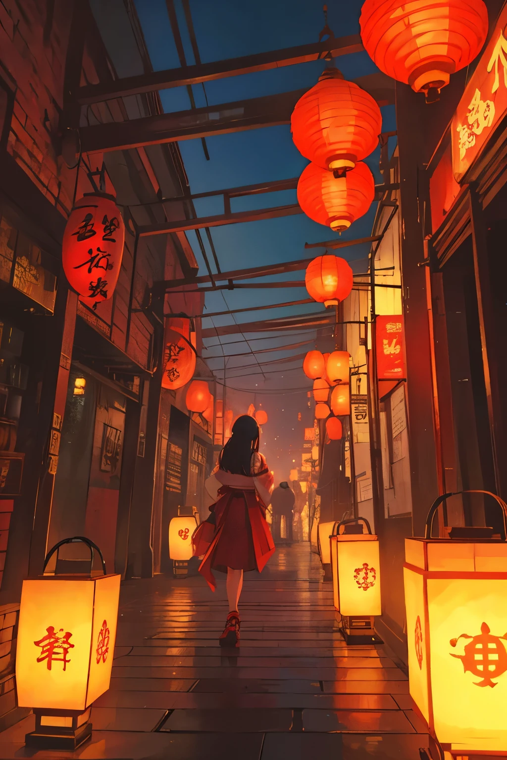 An oriental temple, lanterns, neon lights, cyberpunk style, anime, girls