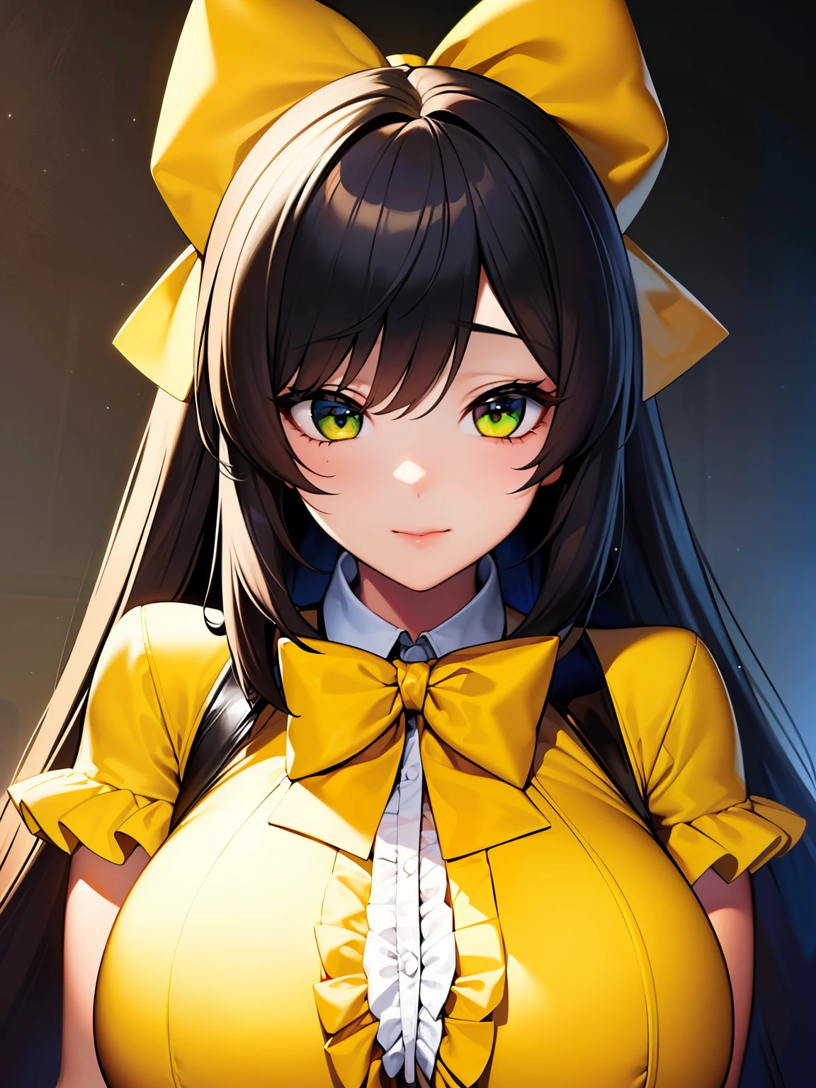 (8K, Best quality, tmasterpiece:1.2),\(eye detailed\),(\(Clothes detail details\)\),full bodyesbian,(huge tit),(Facial focus) ,Very detailed CG unity 8K wallpaper,hugefilesize,ultra - detailed,A high resolution,absurderes,beautidful eyes,Ray traching,dramatic shadow,finely detailled,Dramatic angles,Hyper-detailing,(1 girl:1.3),(Solo),,Mature female,Long hair black,Green eyes,Wearing(cosplaying_magical girl,very cute yellow dress with ruffles,Large Ribbon Bow Tie Back),