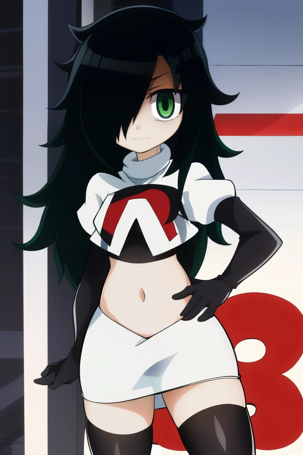 (masterpiece, detailed), kuroki-tomoko, green eyes, hair over one eye, bags under eyes,  team rocket,team rocket uniform,white skirt,red letter R,crop top,black thigh-highs,black elbow gloves