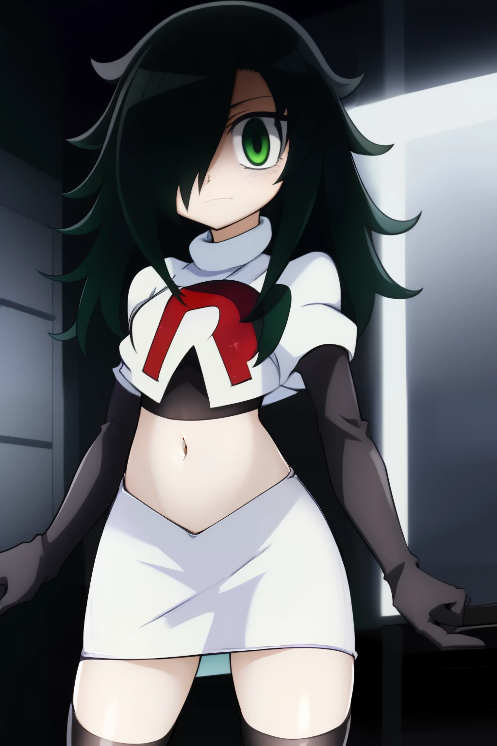 (masterpiece, detailed), kuroki-tomoko, green eyes, hair over one eye, bags under eyes,  team rocket,team rocket uniform,white skirt,red letter R,crop top,black thigh-highs,black elbow gloves