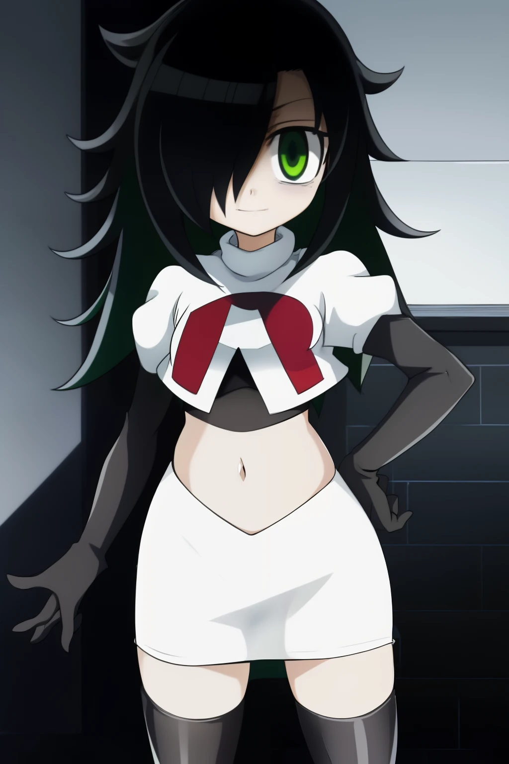 (masterpiece, detailed), kuroki-tomoko, green eyes, hair over one eye, bags under eyes,  team rocket,team rocket uniform,white skirt,red letter R,crop top,black thigh-highs,black elbow gloves