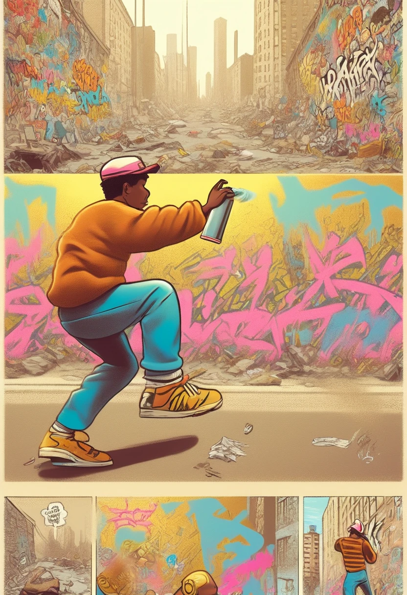 Draw a multi-panel (comic book story:1.4) of an Electricboogaloo style young delinquent wearing a baseball cap, shorts, t-shirt, sneakers and heavy gold chains, spraying graffiti on the walls of an underpass is busted by the police, he drops his spray can and makes a run for it, ((comic_panel_layout:1.3, in the style of a comic book story, split panel layout))