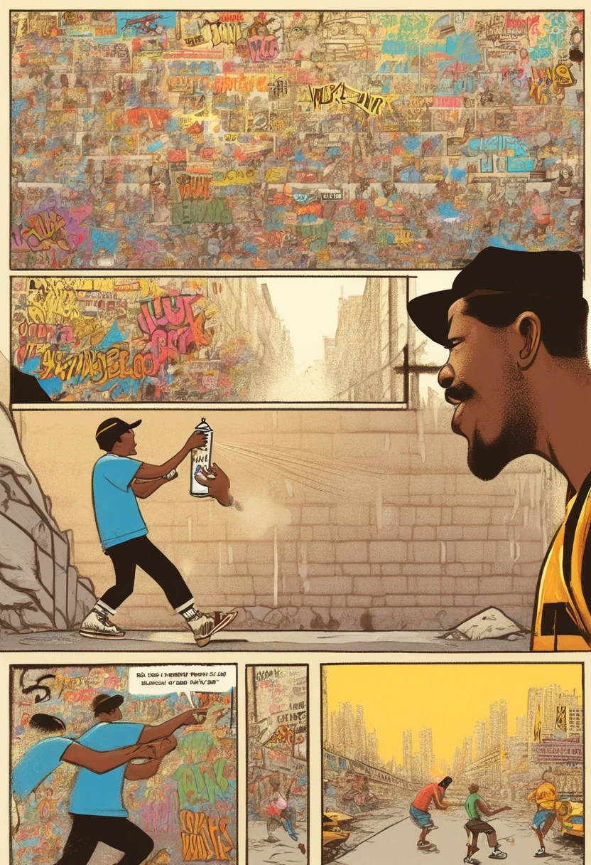 Draw a multi-panel (comic book story:1.4) of an Electricboogaloo style young delinquent wearing a baseball cap, shorts, t-shirt, sneakers and heavy gold chains, spraying graffiti on the walls of an underpass is busted by the police, he drops his spray can and makes a run for it, ((comic_panel_layout:1.3, in the style of a comic book story, split panel layout))