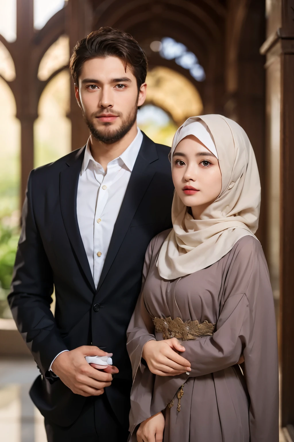 A man and girl,primitive, Masterpiece, ultra fine photos, Best quality, Ultra-high resolution, Realistic, Sunny, full-body portraits, Amazing man, Dynamic posture, exquisite face, Vibrant eyes, Very detailed background, Detailed face, detailed tidy background, Gorgeous, High detail skin, Realistic skin details, Visible pores, Clear focus, volume fog, 8K UHD, Digital SLR, High quality, filmgrain, Fair skin, Realism,(((Handsome man and beautiful girl:1.4)))