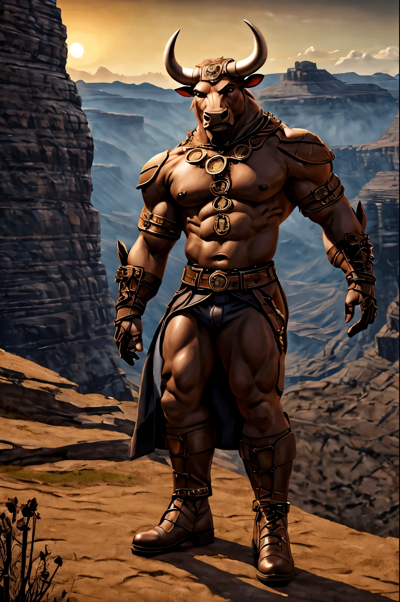 Minotaur character, black and muscular furry, painful expression, two hairy legs, medieval landscape, best qualtiy, primitive, fantastical, the background is the canyon plain, the scene is impressive, dark background.