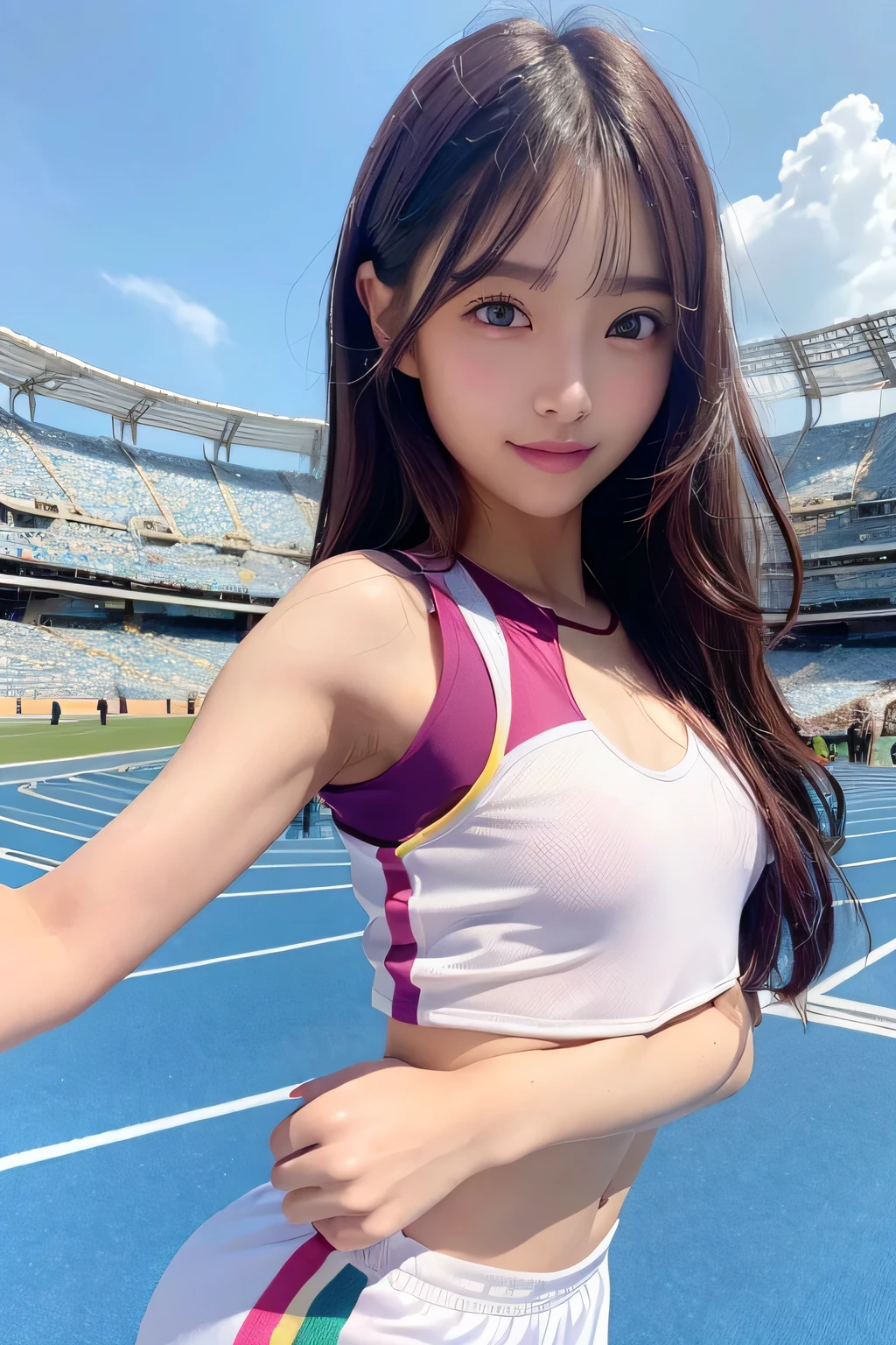 pieces fly、masterpiece、highest quality、Super detailed、High resolution、High resolution、8K portrait、Unity 8k壁紙のHigh resolutionCG、unity 8k wallpaper、cute:1.5、:1.5、Highly detailed CG unity 8k wallpaper、realistic、real person、cute、 portrait photography、shiny skin、High resolution、(20-year-old:1.2)、(1 girl)、beautiful clear eyes、very detailed explanation、delicate face、nice lips、slender body、thin waist、long and thin legs、(athletics stadium:1.3)、(small breasts:1.4)、(Colorful sleeveless track and field uniform:1.4)、(The nipples are transparent:1.3)、(smile:1.2)、(abs:1.4)、(take a pose:1.3)