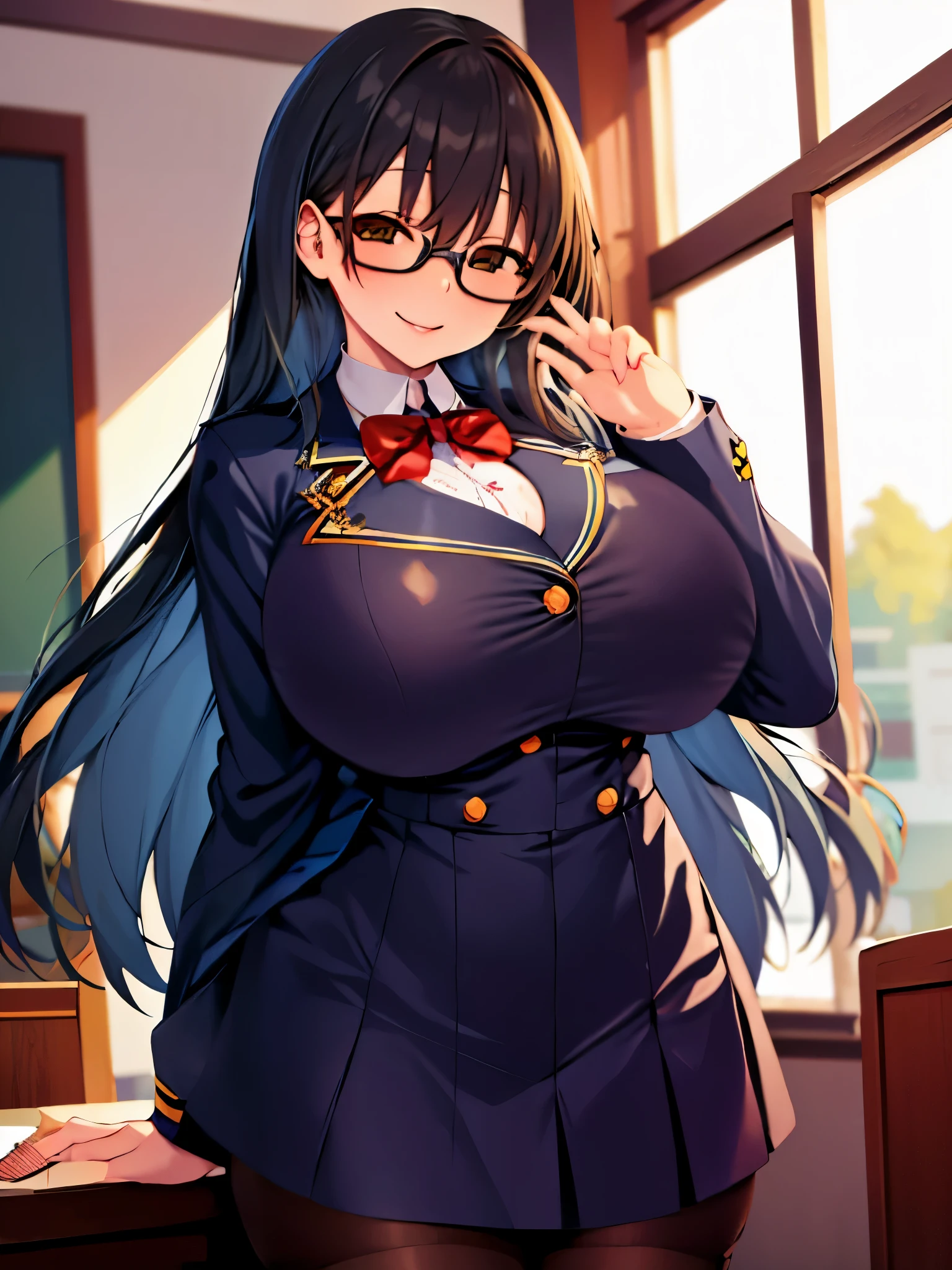 high quality,masterpiece。cute woman。Her hair is black and long,Hair style is straight。she looks tall。Her breasts are huge and very big,The style is also good。She has a cute face that looks good with glasses and is smiling with glasses on.。Clothes are school uniforms,It's a blazer。The uniform skirt and stockings are black.。she is standing in the classroom。