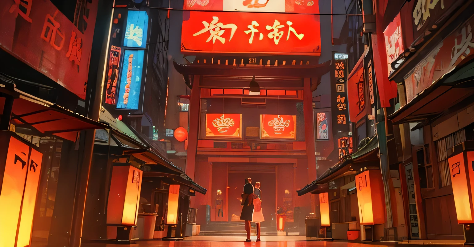 An oriental temple, lanterns, neon lights, cyberpunk style, anime, girls