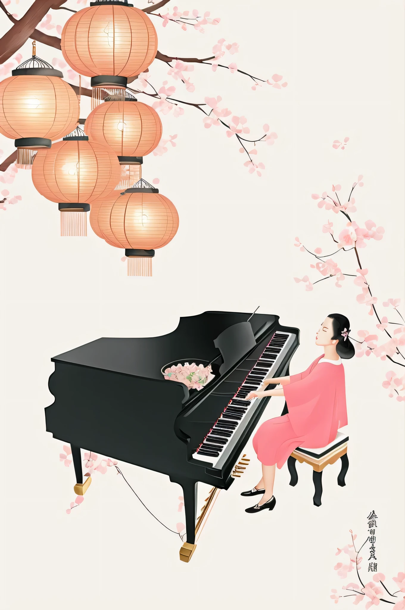 There is a woman playing the piano in a room with a lantern, There is a bowl of glutinous rice balls on the piano，Inspired by Kawai Gyokudo, Inspired by Song Xu, digital illustration, stylized digital illustration, pianist, Inspired by Song Maojin, Watercolor style, Inspired by Lin Tinggui, cover illustration, illustration!, The album cover, inspired by Huang Gongwang, 数字illustration, background artwork