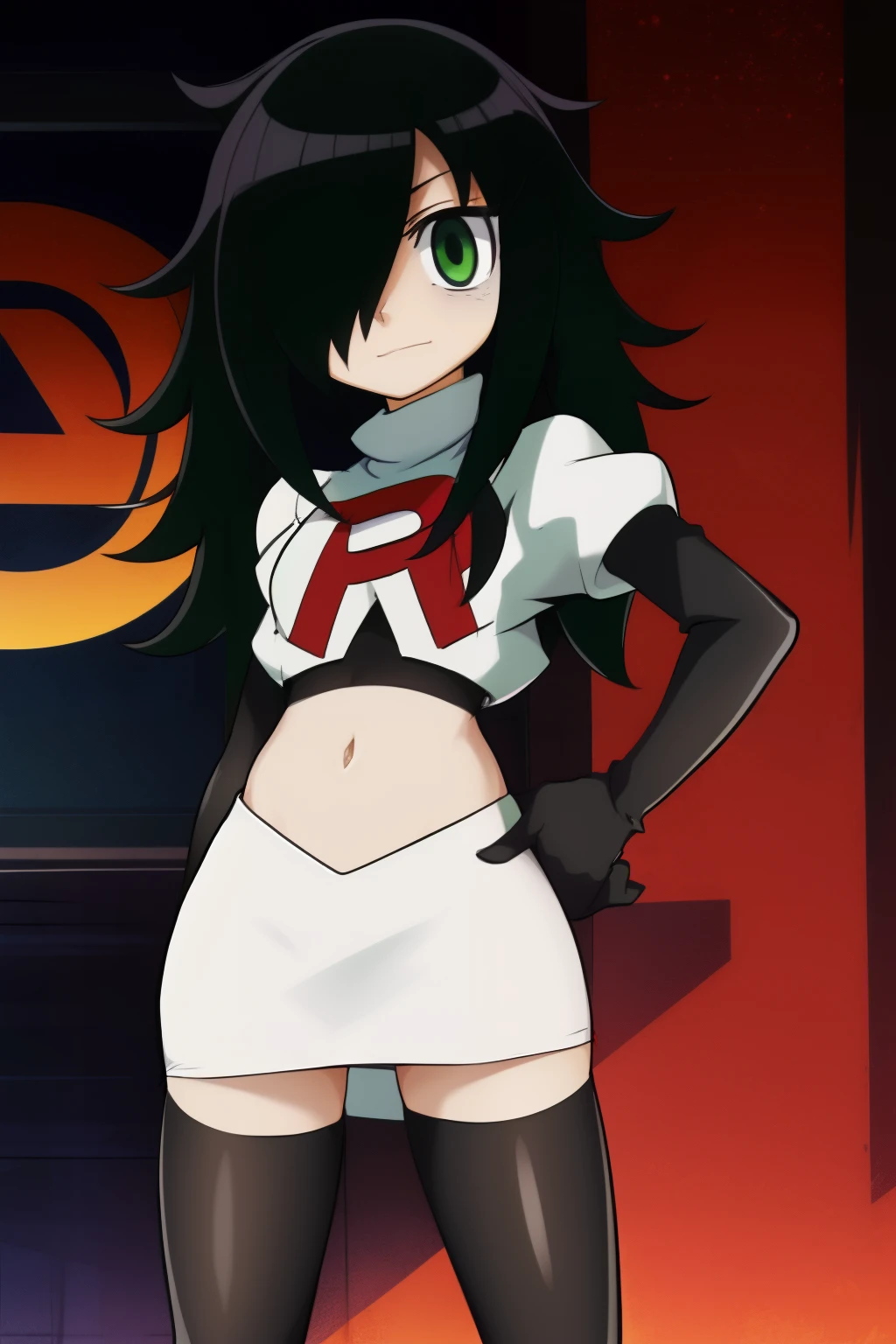 (masterpiece, detailed), kuroki-tomoko, green eyes, hair over one eye, bags under eyes,  team rocket,team rocket uniform,white skirt,red letter R,crop top,black thigh-highs,black elbow gloves