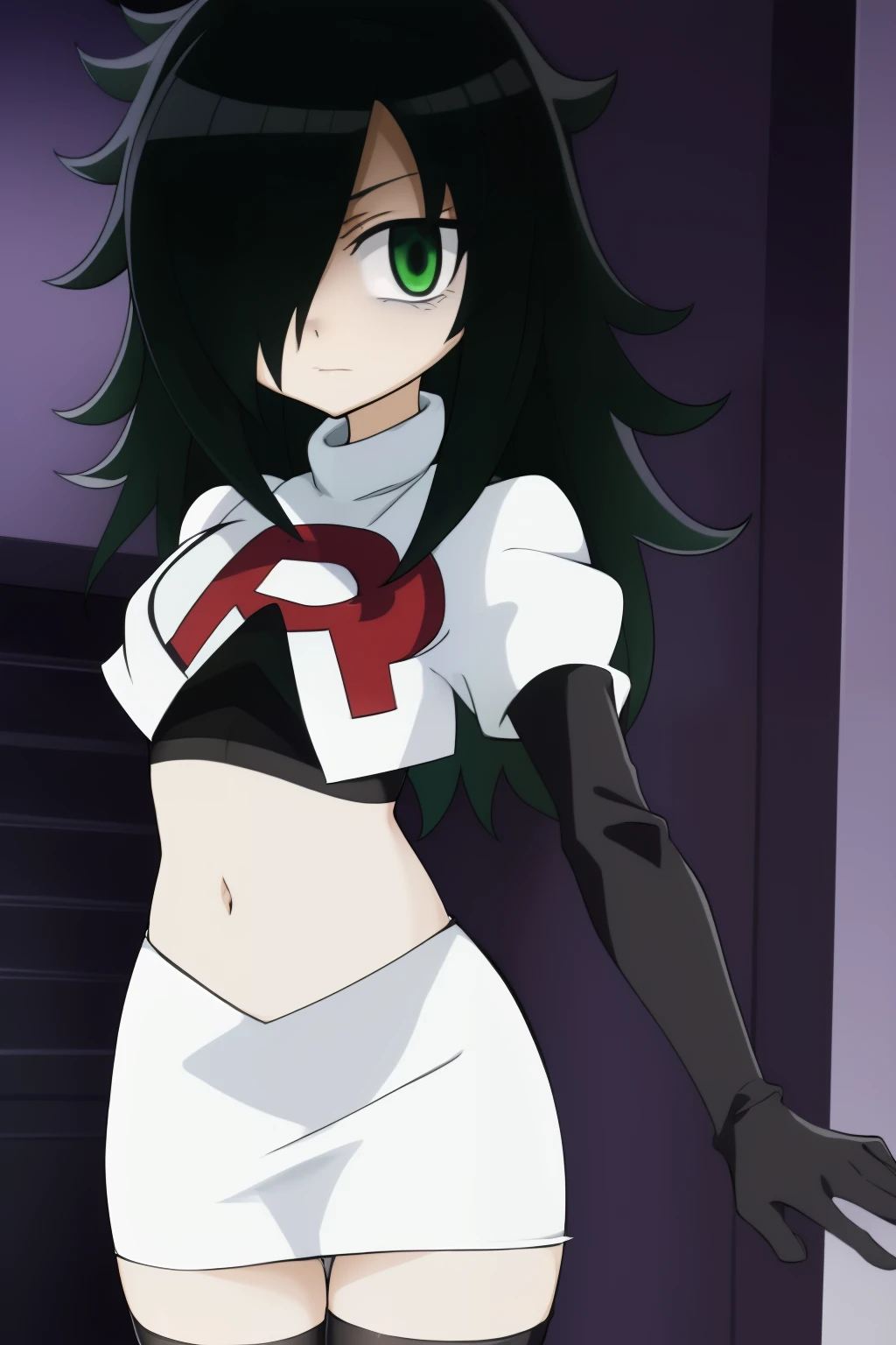 (masterpiece, detailed), kuroki-tomoko, green eyes, hair over one eye, bags under eyes, team rocket,team rocket uniform,white skirt,red letter R,crop top,black thigh-highs,black elbow gloves