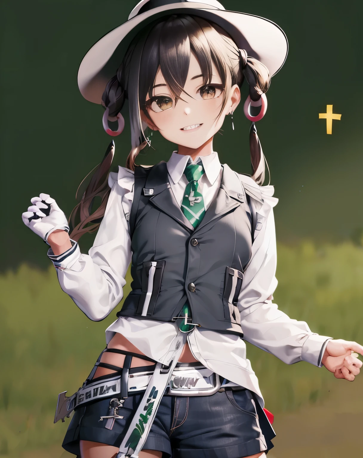 high quality, 最high quality, masterpiece, gloves, ((cross earrings)), short twin tails, alone, looking at the viewer, Severe, grin, close, , closed mouth, (Takayama, outdoors) Lower body exposed dark pubic hair