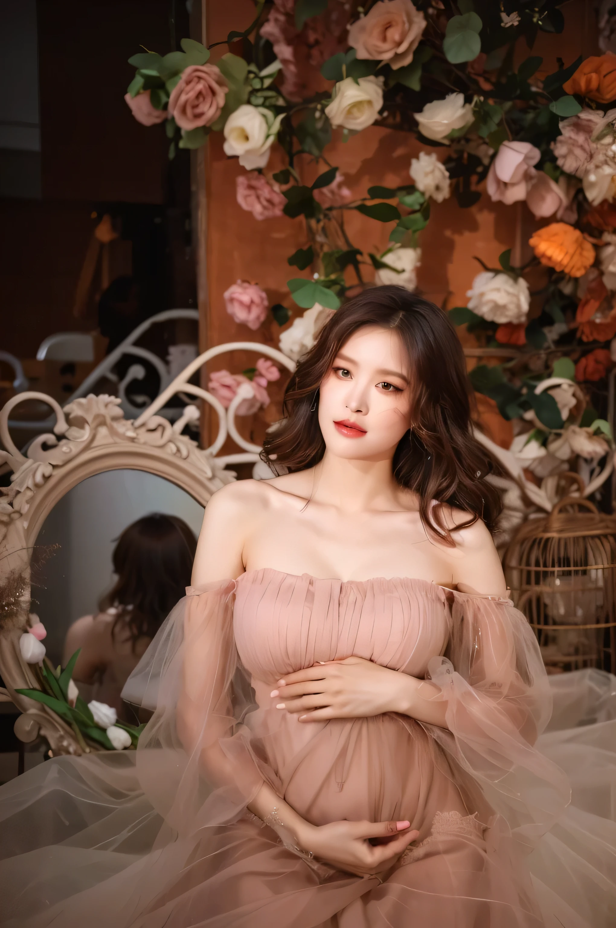 bestquality、Highres、8k、Girl 1 Mature Mature Mature Mature Woman Man、(Huge breasted)、During the Day、Bright、in door、(Room:0.8)、(People々、crowds:1)、(Lace) -trimmed dress:1.5、Light Black Clothing:1.5、Black High Neck Dress:1.5、sleeveless dress、pink Dress:1.5)、Luxury、(medium Hair)、beautiful detailed sky、beautiful earrings、(Dynamic Pose:0.8)、 (upper Body:1.2)、Illuminated by soft、Wind、Lustrous skin、line of sight、