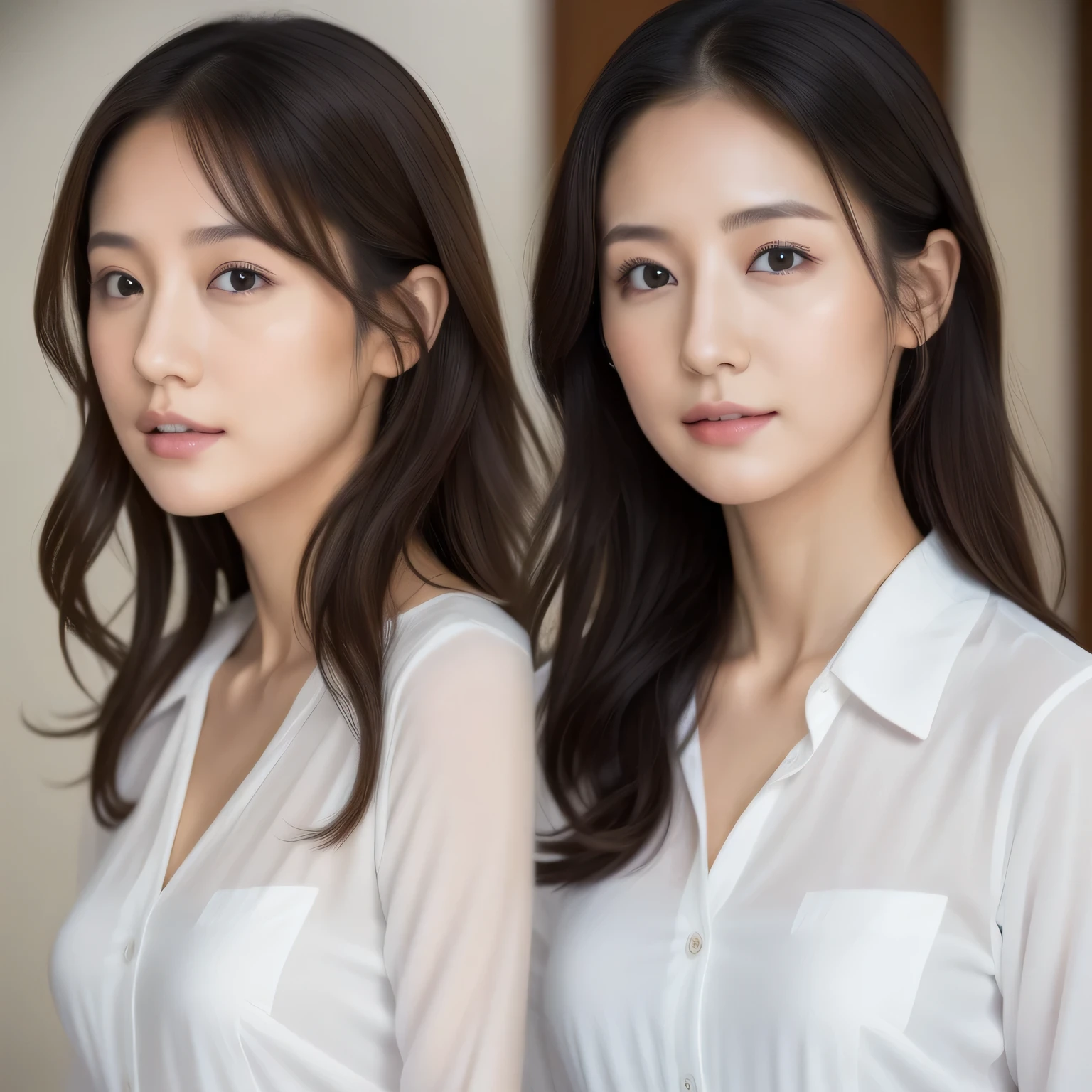 In 8K、RAW photo、highest quality、realistic、Photoreal, look at the camera, light shines on your face, gray background, upper body shot), 28-year-old female living in Japan、long hair, black hair, thin facial contours:1.5, (thin eyebrows:1.05), big shining eyes, thick lips, active impression, (suit over shirt), small breasts:2.0