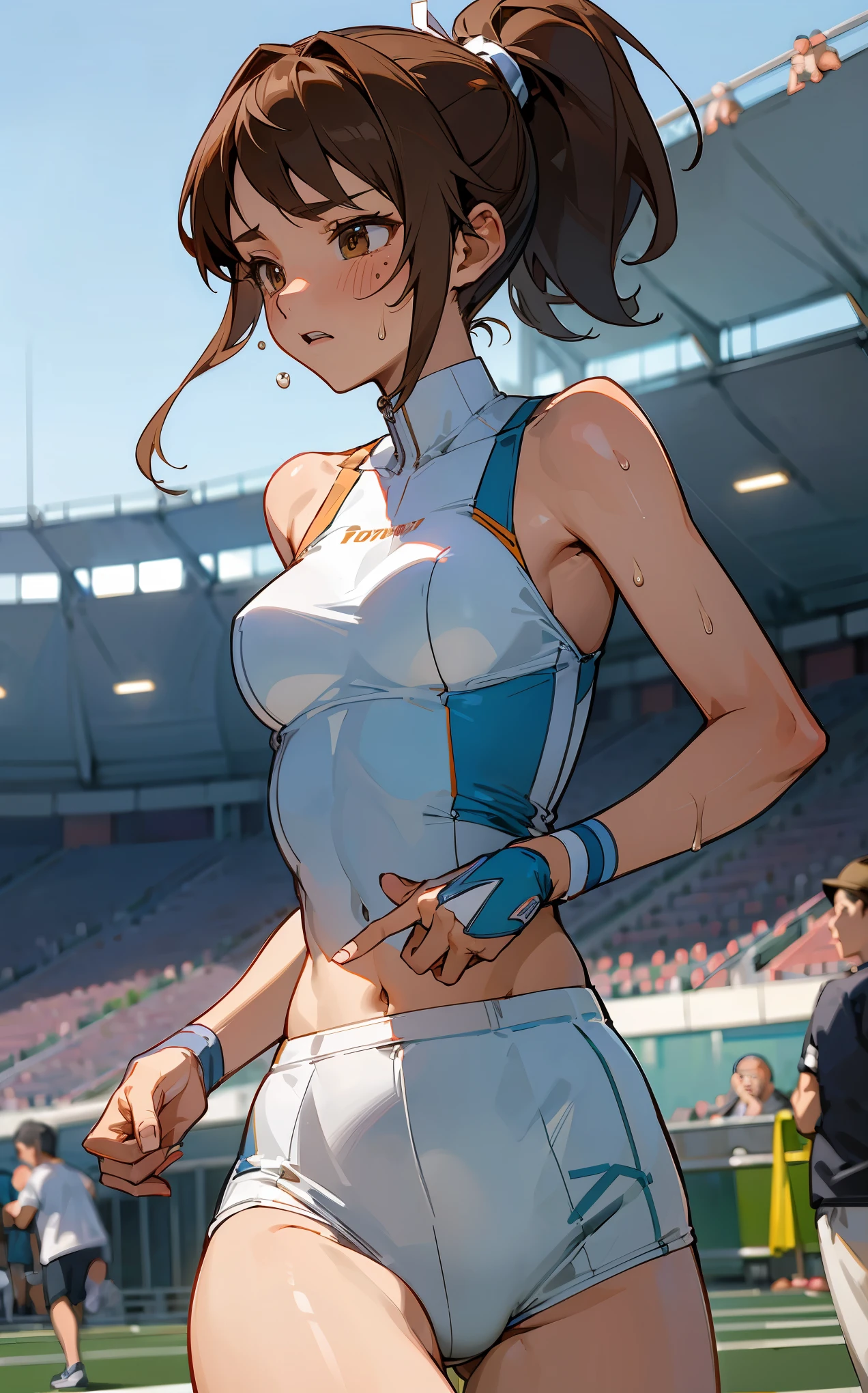 ((Masterpiece)), ((Best Quality)),Ultra High Resolution, Caustics, Detailed, Beautiful Detailed Eyes, solo, (athletics stadium, track and field athlete),cowboy shot,20 year old beauty、(separate, white bloomers ,show off belly),slender body, ideal ratio body proportions,sweat,medium breasts,brown eyes, (ponytail)、medium hair,brown hair,painful expression、running,