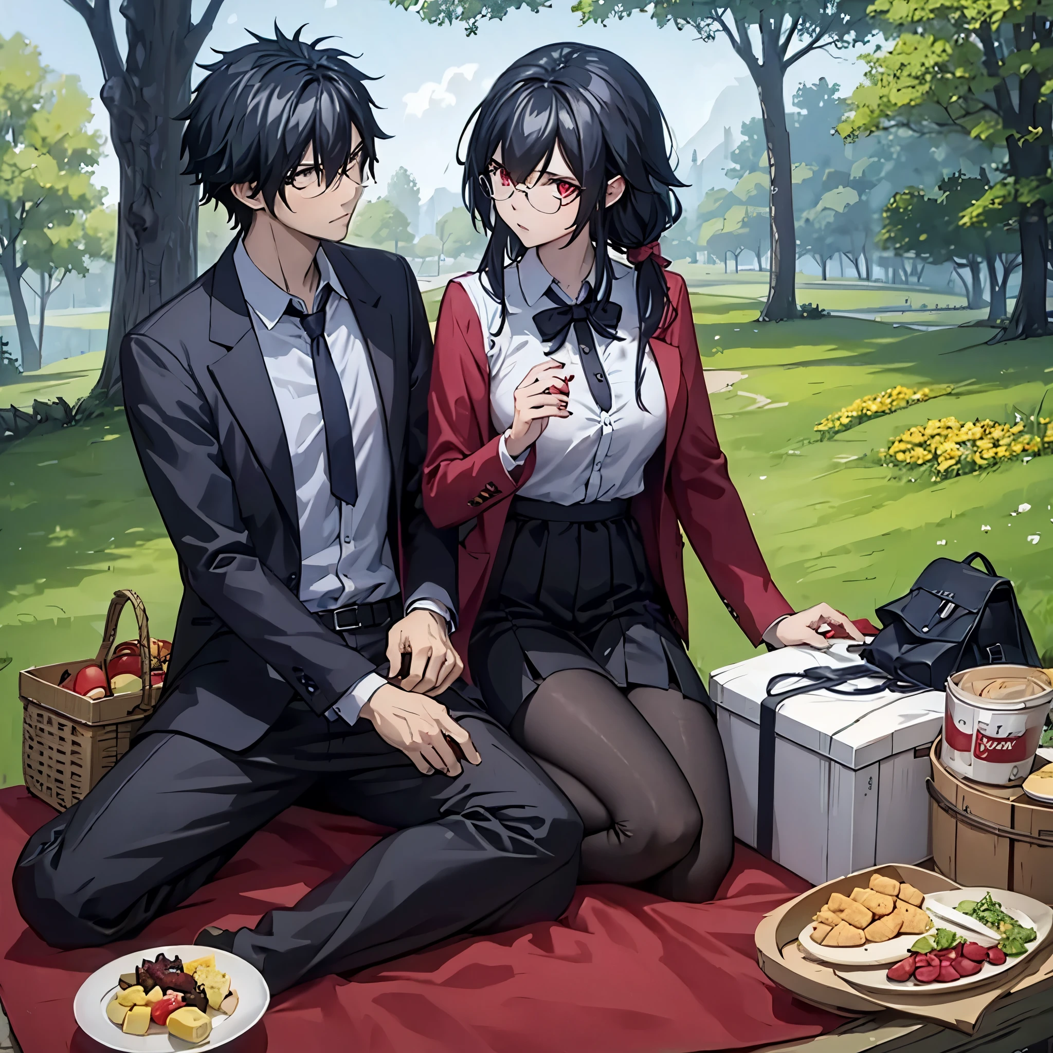 a man next to a woman(red eye) in casual clothes, on a picnic
