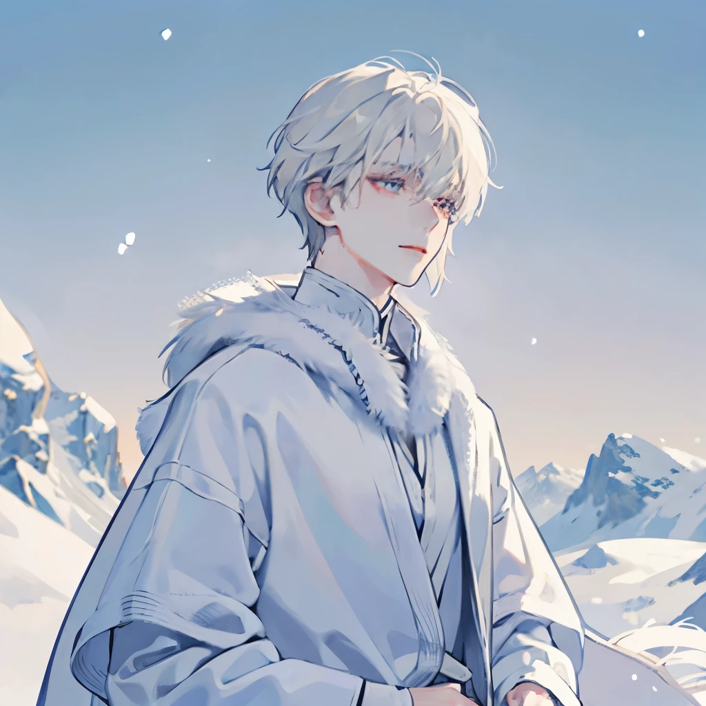 A male, face focus, face picture, snow background, pale blonde, pale skin, white eyes, white fur clothes, cold, clothes made of animal skin, Eskimo, furry scarf, ice age, albino, hauntingly pale, very fluffy clothes