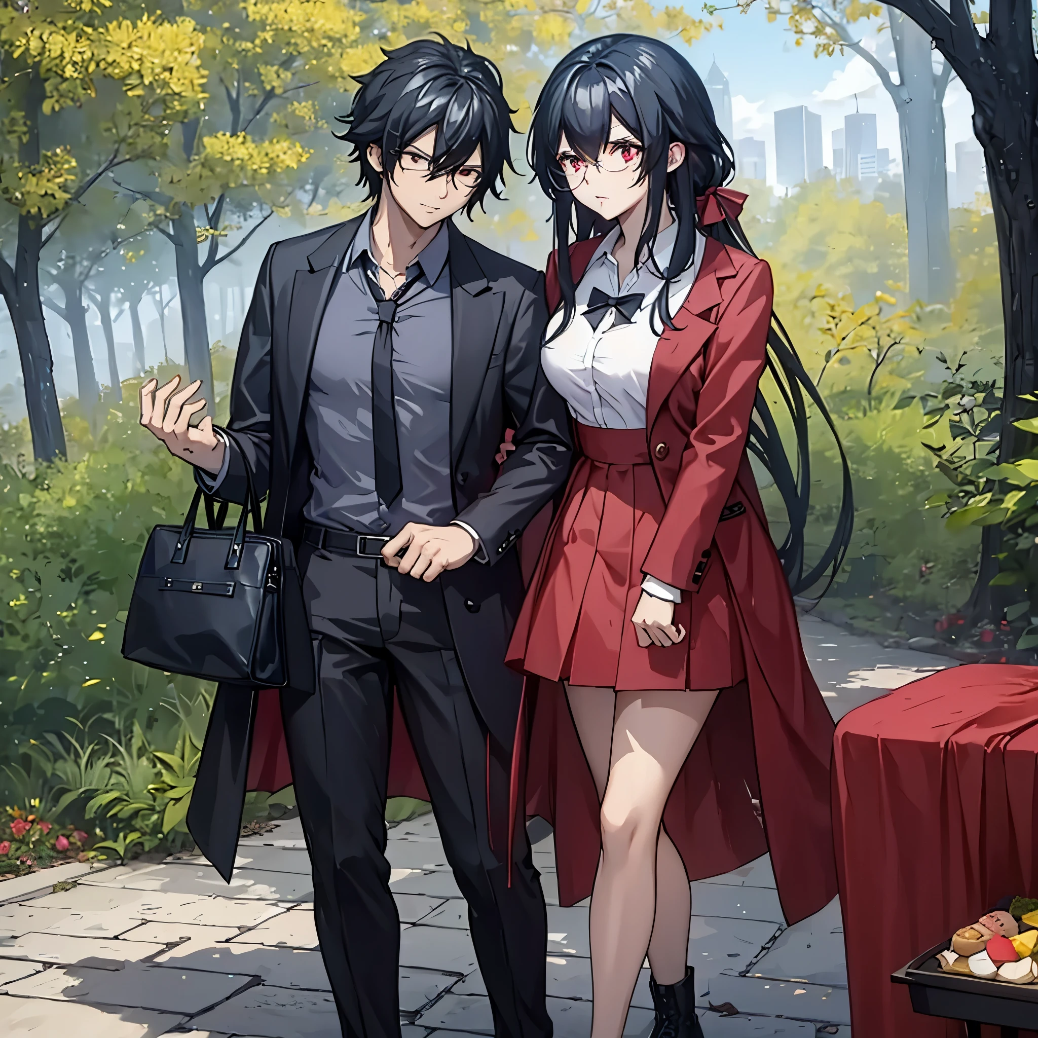 a man next to a woman(red eye) in casual clothes, on a picnic
