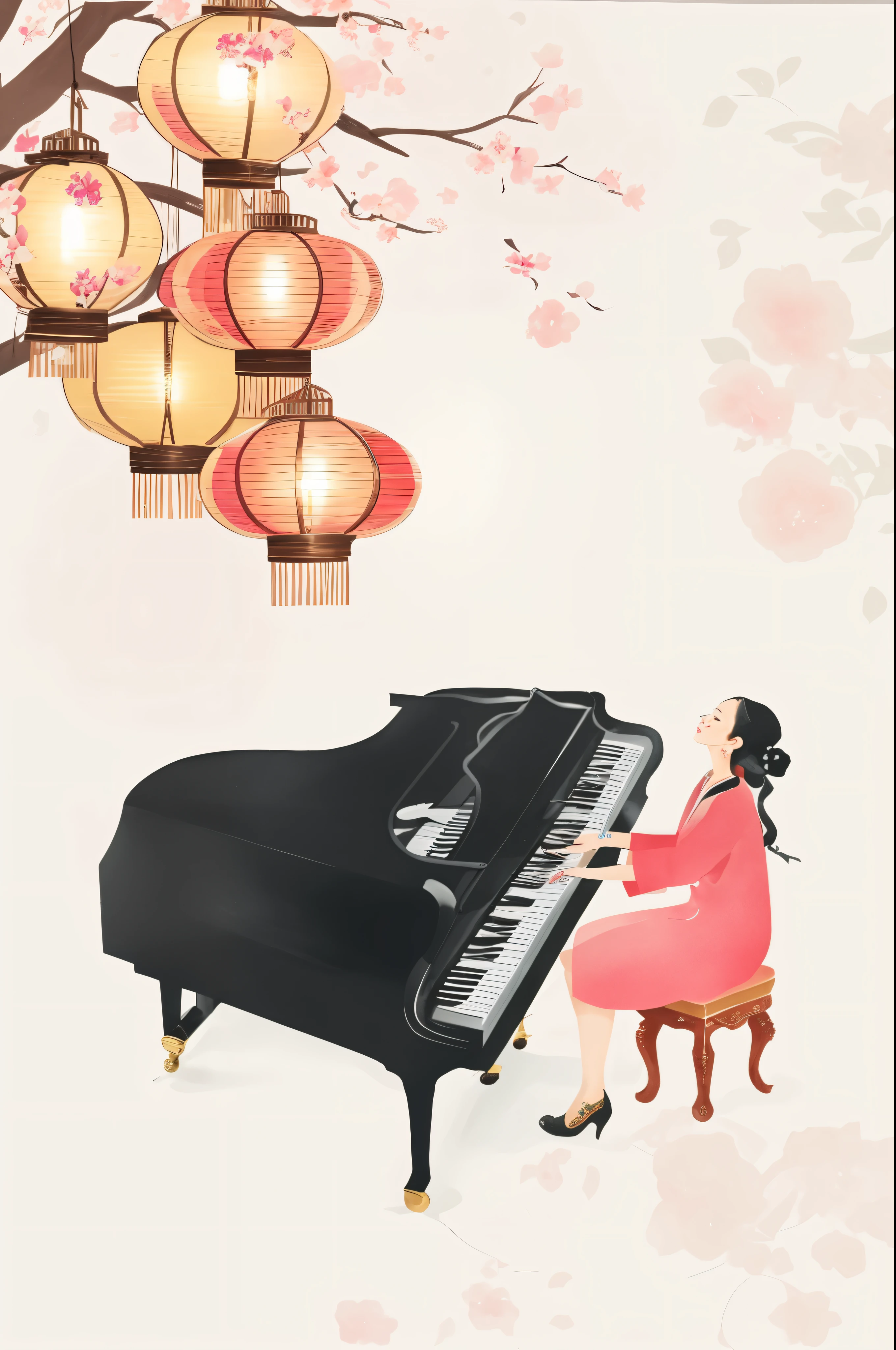 There is a woman playing the piano in a room with a lantern, Inspired by Kawai Gyokudo, Inspired by Song Xu, digital illustration, stylized digital illustration, pianist, Inspired by Song Maojin, Watercolor style, Inspired by Lin Tinggui, cover illustration, illustration!, The album cover, inspired by Huang Gongwang, 数字illustration, background artwork