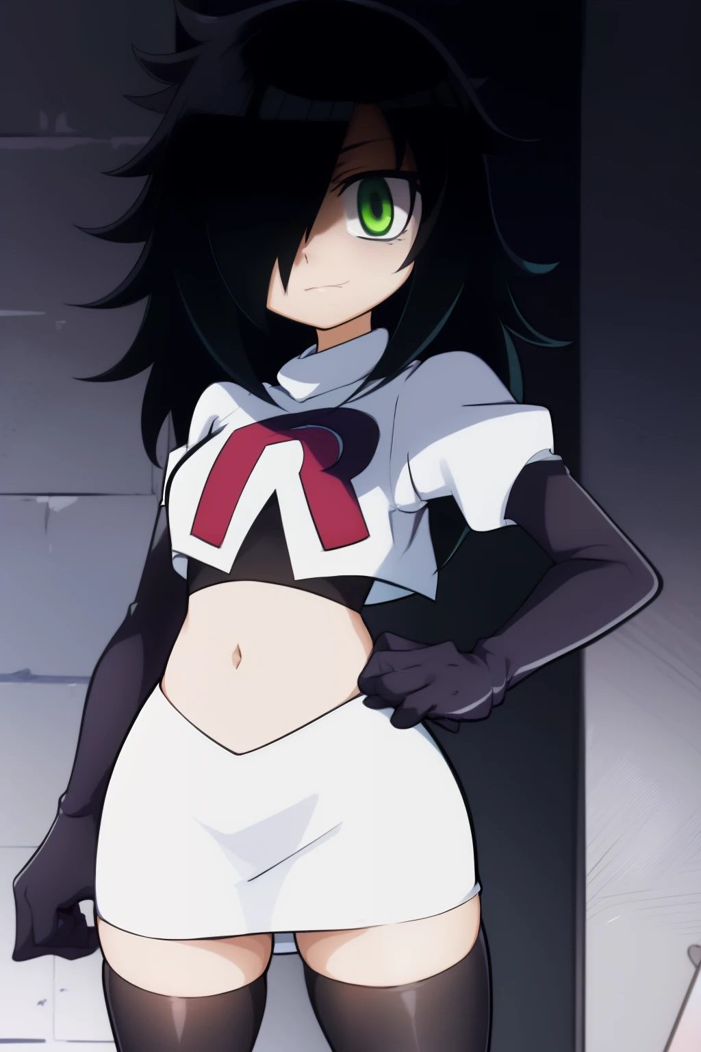 (masterpiece, detailed), kuroki-tomoko, green eyes, hair over one eye, bags under eyes,  team rocket,team rocket uniform,white skirt,red letter R,crop top,black thigh-highs,black elbow gloves