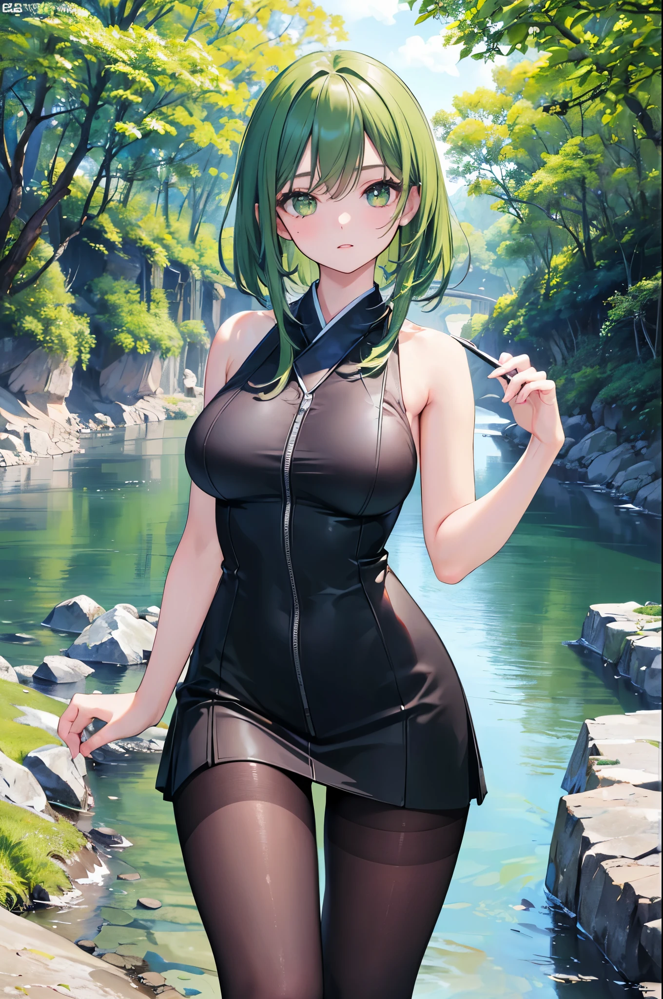 ((1 girl)),(best quality, highres, masterpiece:1.2), ultra-detailed, (realistic:1.37) illustration, erotic style, soft lighting, sweat glistening on her body, gentle warmth, mysterious, ubel,dark green hair,long hair,side ponytail,hair between eyes,bangs, (beret, black jacket, open clothes, cleavage, midriff, black shorts, black thighhighs, thigh strap, fingerless gloves, single glove:1.2), blurry background, pose, hand on hip, (masterpiece:1.2), best quality, high resolution, unity 8k wallpaper, (illustration:0.8), (beautiful detailed eyes:1.6), extremely detailed face, perfect lighting, extremely detailed CG, (perfect hands, perfect anatomy)