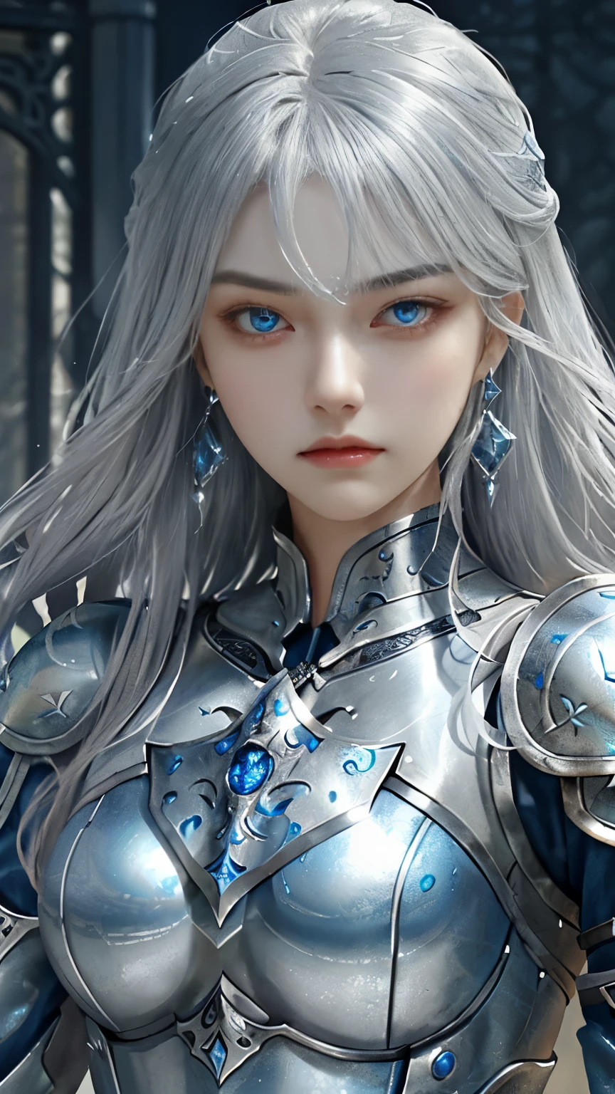 a close up of a woman in a silver and blue dress, chengwei pan on artstation, by Yang J, (Female adventurers in medieval fantasy), stunning character art, fanart best artstation, epic exquisite character art, ((Frown, get angry)),haughty,Noble and charming,(A fantasy combat suit,Cool Battle Armor,The magnificent armor of a knight,Metallic luster,A delicate badge of magic), armor girl, silver hair,Precisely expresses details such as face and skin texture,beautiful eye, blue eye,double eyelid,delicate skin,slender body shape,alone,big breast, (Wearing the most beautiful and noble earrings)