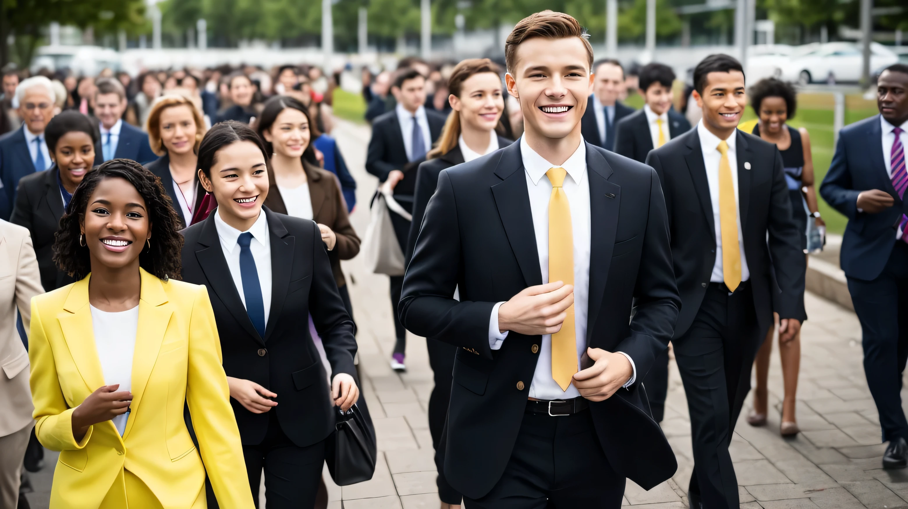 Jehovah'witness、International Competitions、black people、white people、yellow race、suit、young、Mr.々A large group of people of different nationalities are smiling and talking、not looking at the camera、High resolution