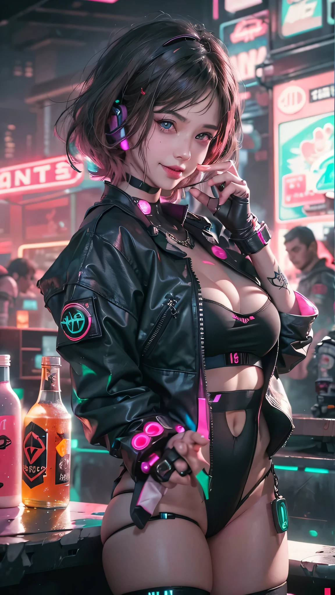 (nsfw:1.3)1woman people、(A handsome man:1.4)、(A confident smile:1.2)、(28 age old)、(brunette color hair)、(Top image quality)、(8K picture quality)、(cyber punk perssonage)、(masutepiece)、(topless)、(A confident smile:1.2)、(Full body photo)、((Liquor drinking))、cinematric light, Cinema Shadow, Sharp images, Extremely detailed, volumetr, bright sprite, Particle effect, beautiful effects, Vivid colors, neonlight, (pink neon lights:1.5), Highly detailed image textures, detailed hairs, Detailed face, Detailed eyes, Full body photo, (((Cyberpunk bar)))、Dark hair、Flashing red light、Photo from the knee up、beautiful effects, Vivid colors, Highly detailed image textures, detailed hairs, Detailed eyes,(cyberpunk city landscape:1.5)、