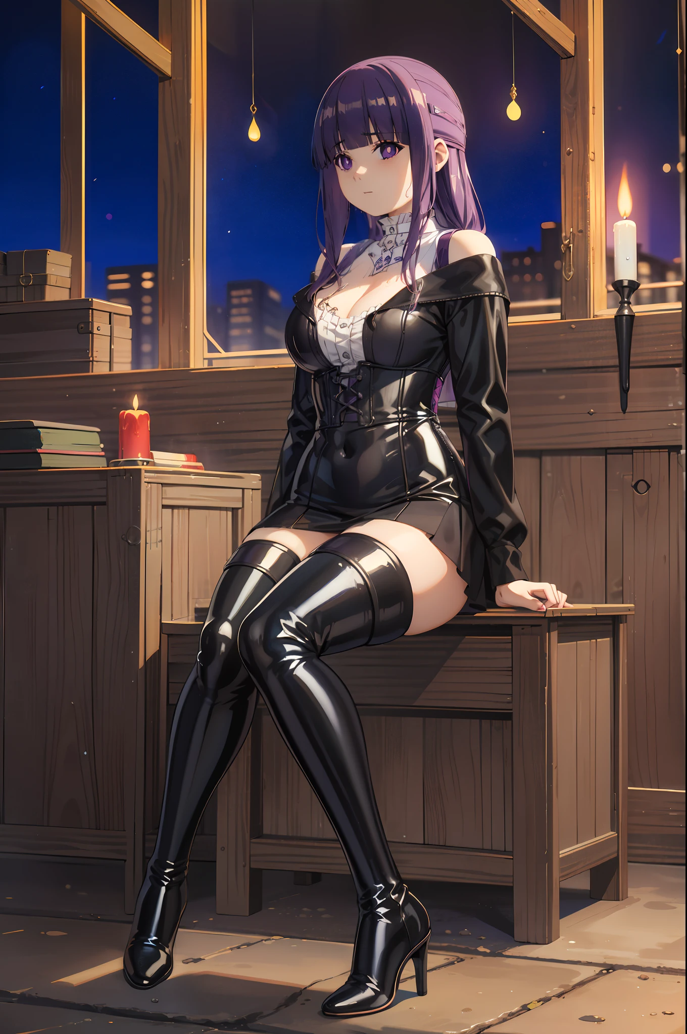 (highest quality, masterpiece),sexy, erotic, 1 girl, 18-year-old, despise, proud, purple long hair, ((purple eyes)), looking at the viewer, medieval tabernacle, (close), ((dark room)), Sweat, the candle is lit, (((No expression))), ((cleavage)), Mr.々Inside a torture chamber with various tools、
BDSM、black latex corset dress、The corset is decorated with beautiful embroidery.、corset dress with shoulder straps、black latex tight miniskirt、first round、Black Thigh Boots、high heel boots、