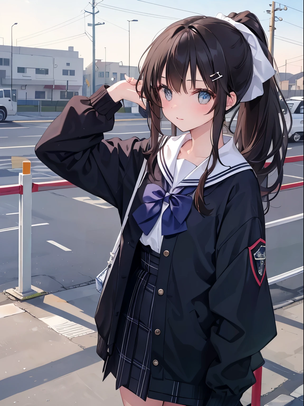 （8k，best quality，master piece：1.2），（Realistic，Realistic，realistic：1.37），2 girls，hyper detail，beautiful and fine eyes，beautiful nose，long sleeve sailor suit，upper body close-up，attraction，（（standing on one&#39;s own feet）），rooftop，handrail，small town，tower，telephone pole，plant，long black messy hair，front lens, ponytail, wearing a cardigan over, ribbon hair ornament