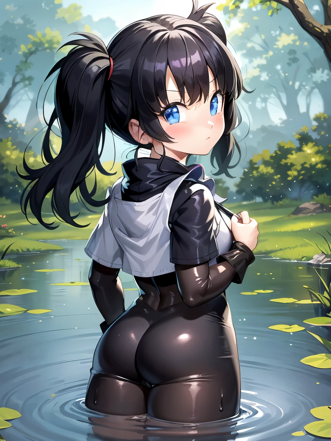 masterpiece, highest quality, High resolution, girl,saw 2, blue eyes, black hair, Low twintails and short cut, medium breasts, frown,blush, girl1名, Black tight suit,streak,place both hands on hips, looking at the viewer。black quagmire,Wandering in the swamp,the sky is cloudy,The water surface is black and murky,facing backwards
