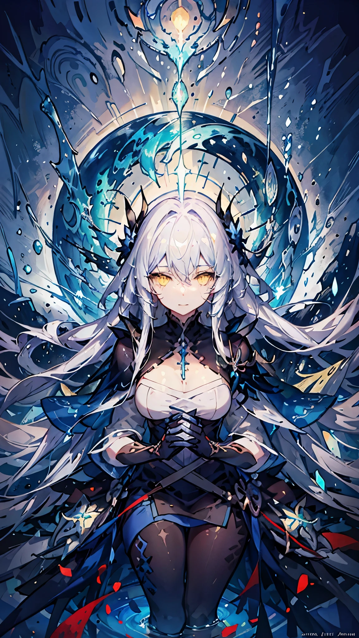anime girl with long white hair and black dress in a swirling swirl, epic light novel art cover, trending on artstation pixiv, cushart krenz key art feminine, white haired deity, epic light novel cover art, detailed key anime art, yellow eyes