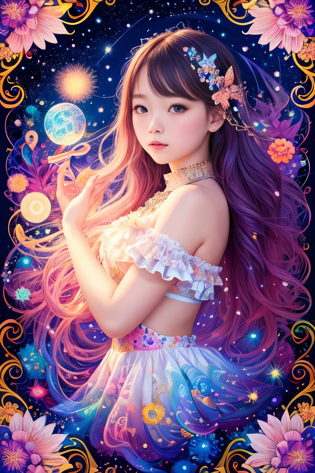 high quality, 8K Ultra HD, vivid colors, seamless patterns, fabric art, art station, starry night, many colorful and detailed designs combining magic and fantasy, Girl, splashes, aesthetic, white tone, photorealistic, ultra realistic, by yukisakura, impressive in full color.