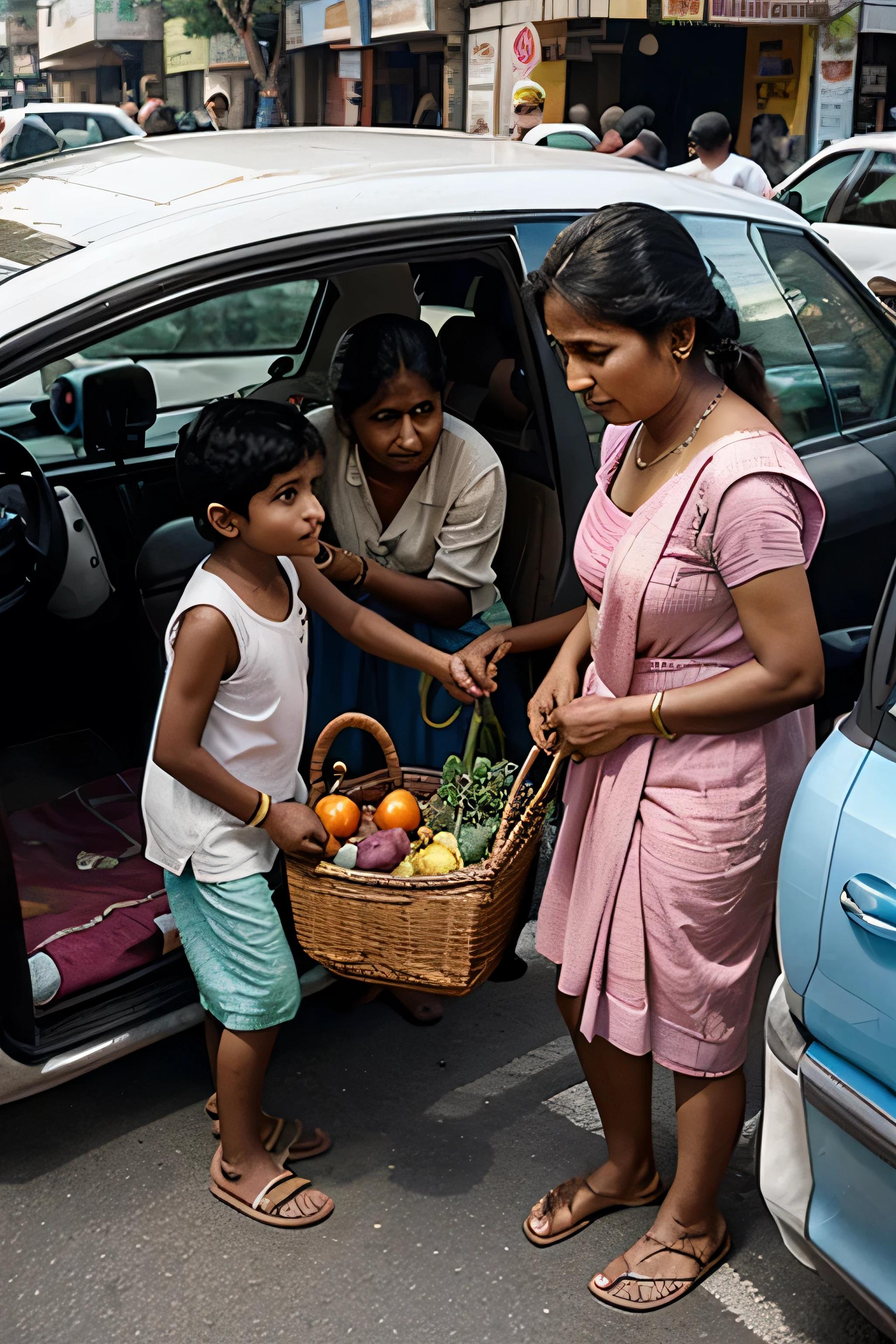 indian crowded city road with lots of small road side shops in the middle of road poor grandmother were struggling to collect the vegetables which fell down from her basket a small 5 aged indian kid were helping her to collect that peoples were scolding them from inside the car